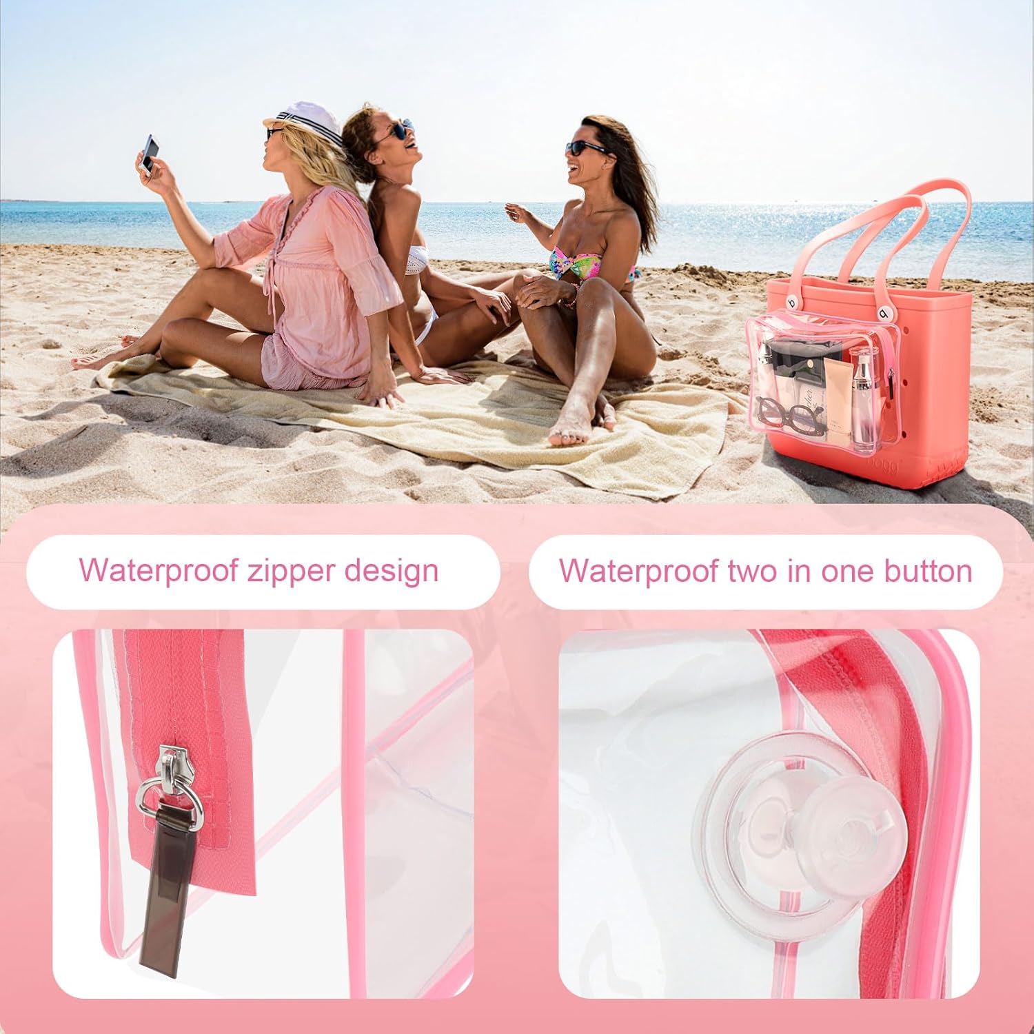 WALLFID 3PCS Waterproof Clear Insert Bag for X Large Bogg Bag Accessories,Waterproof Design,Transparent Travel Toiletry Brush Organizer for Beach Tote Bag,Three Sizes a Set (Pink) - Image 2