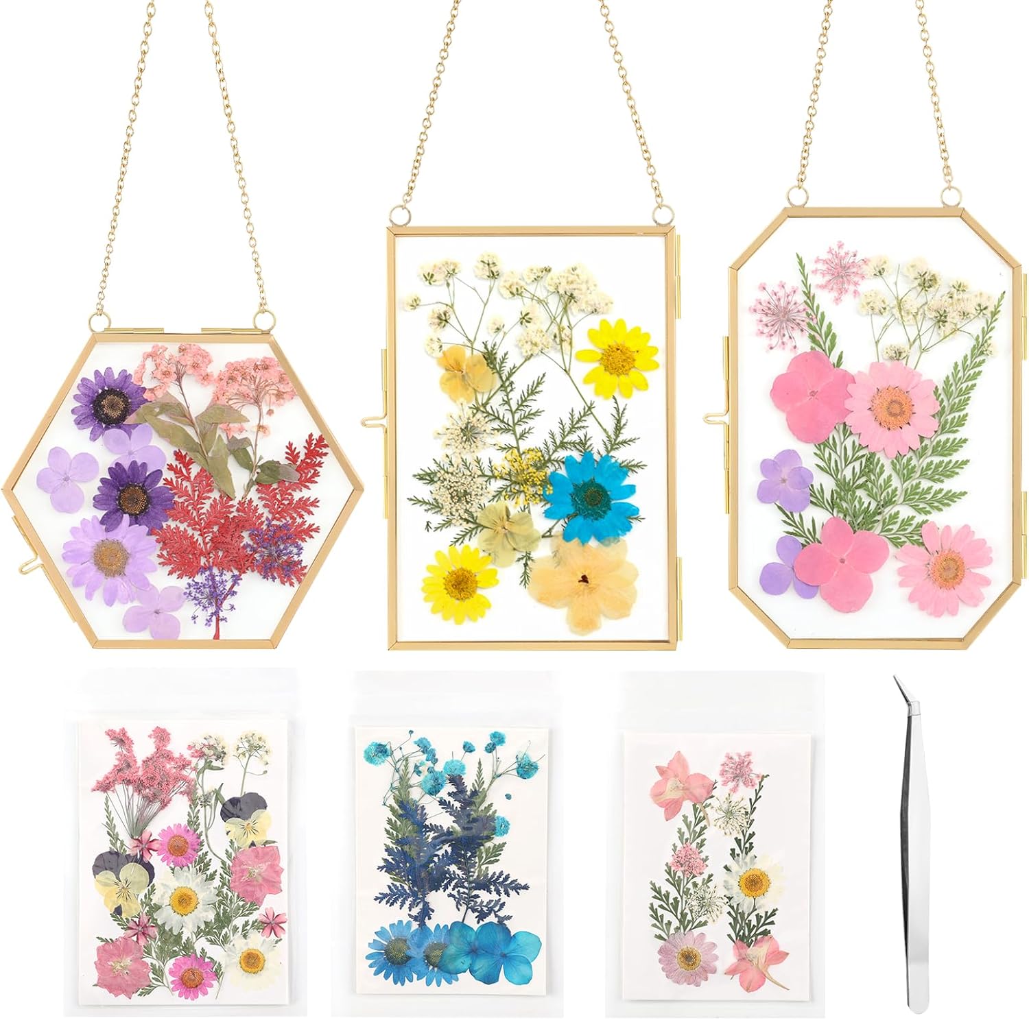 Lujechii 3 Pcs Double Glass for Pressed Flowers,Clear Brass Embossed Frame with Dried Flowers and Tweezers,Can Be Used for Dried Flower Plant Photo Postcards Wall Mounted Glass Pressed Flower Frame