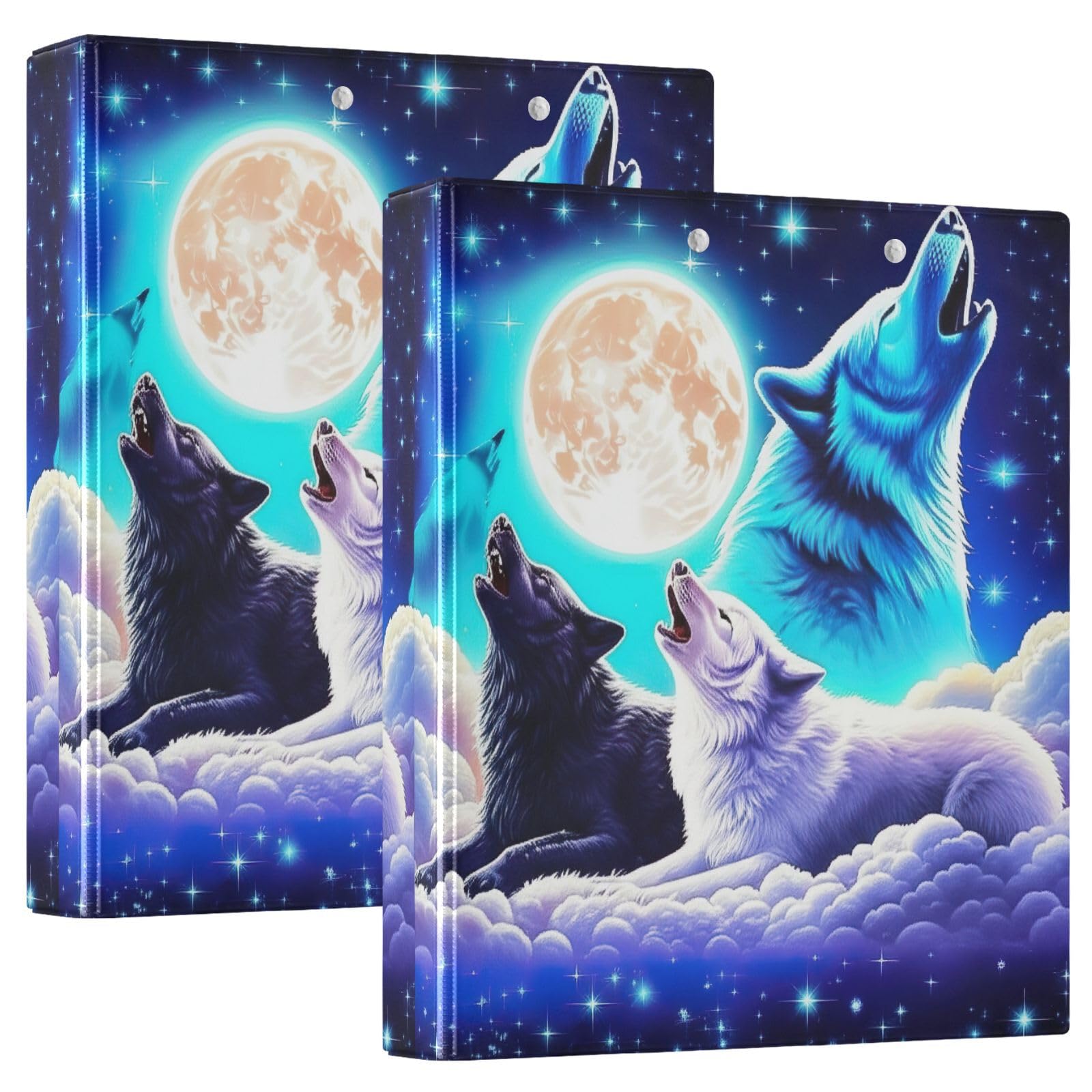 Confezione da 2 raccoglitori ad anelli Galaxy Cool Wolf, blu e viola, con portablocco a D, grandi raccoglitori a 3 anelli, per scuola, università, ufficio