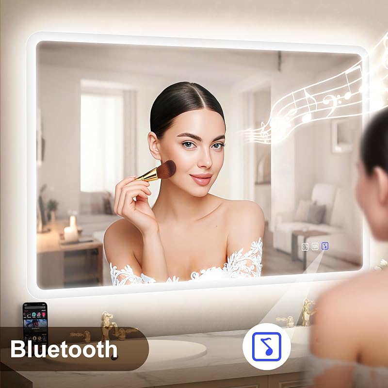 STARLEAD 80x60 cm Fürdőszobai LED Tükör - Szabályozható Fényerő, 3 Színhőmérséklet, Páramentesítő, Bluetooth Hangszóró, Edzett Üveg, IP44