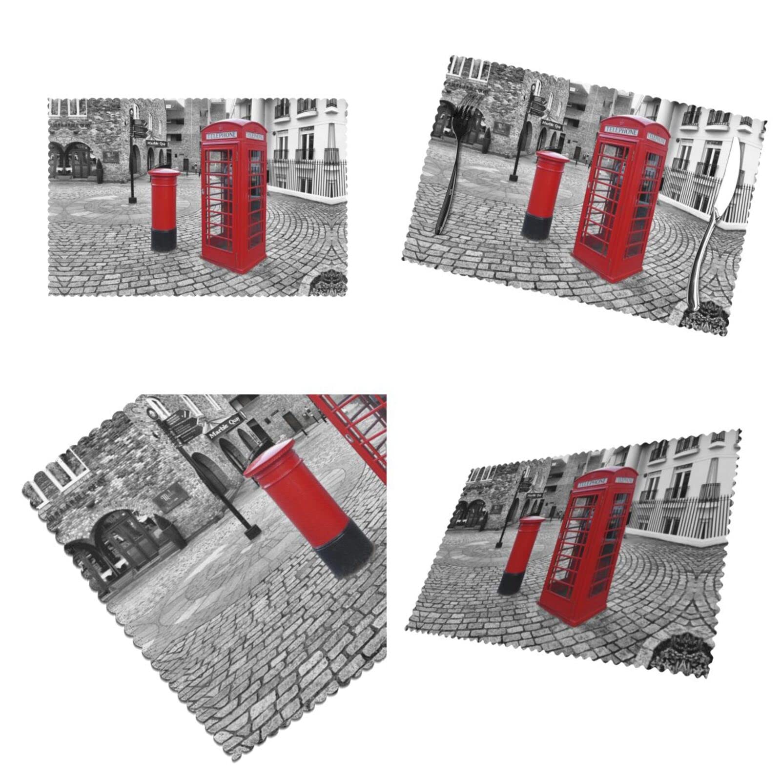 Podkładki Podkładki Zestaw 6 podkładek pod talerze z motywem londyńskiej czerwonej budki telefonicznej, zmywalne podkładki na stół do kuchni i jadalni