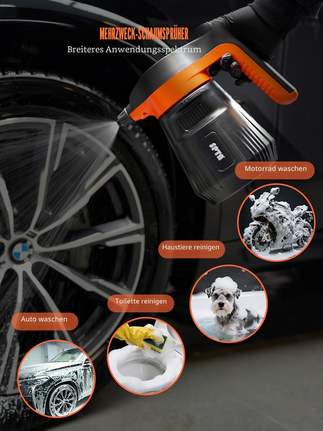 SPTA Druckschaumsprüher, 2,25 l, elektrischer Druckseifensprüher, Autoschaumsprüher, kabelloser Pumpsprüher für Autowäsche, Hochdruckreiniger, Schaumreiniger mit 500 ml Autowaschshampoo für Autowäsche