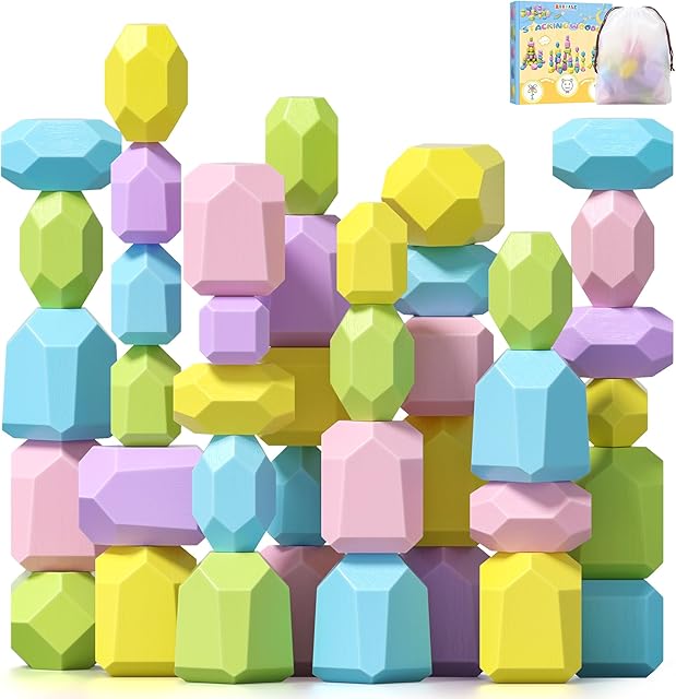 Rurvale Wooden Toys Montessori Toys for 2 3 4 5 6 Years Old Boys and Girls,Wooden Stacking Blocks Rocks, STEM Educational Learning Builing Blocks Sensory Toys for Kids Age 1+, Preschool Gift