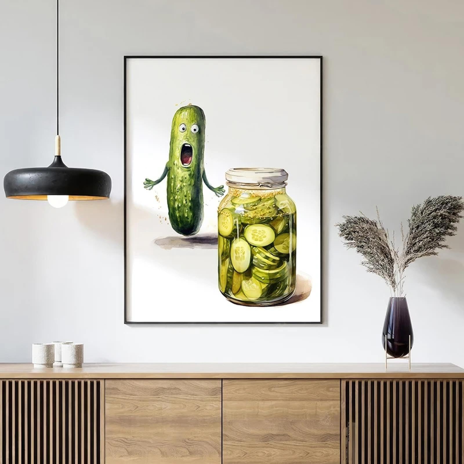 LMAIWANG Leinwandbild mit Gurken- und Essiggurken-Motiv, skurriles, lustiges Poster, Essiggurken-Aquarelldruck, Wandkunstbild für Küchendekoration, 60 x 80 cm, Rahmen