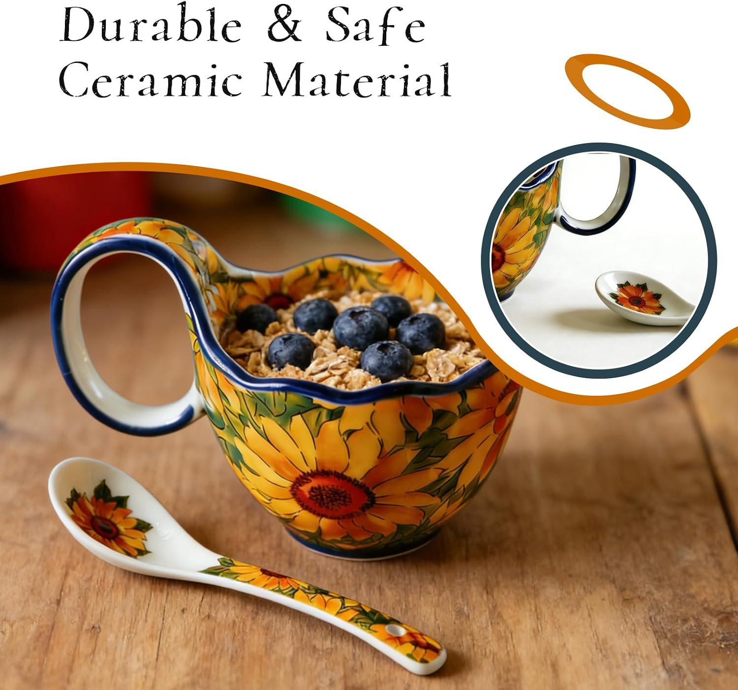 Sunflower Pattern Ceramic Soup Bowls with Handles - Decorative Soup Bowl Set for Breakfast Cereal/Yogurt (Including Spoon)