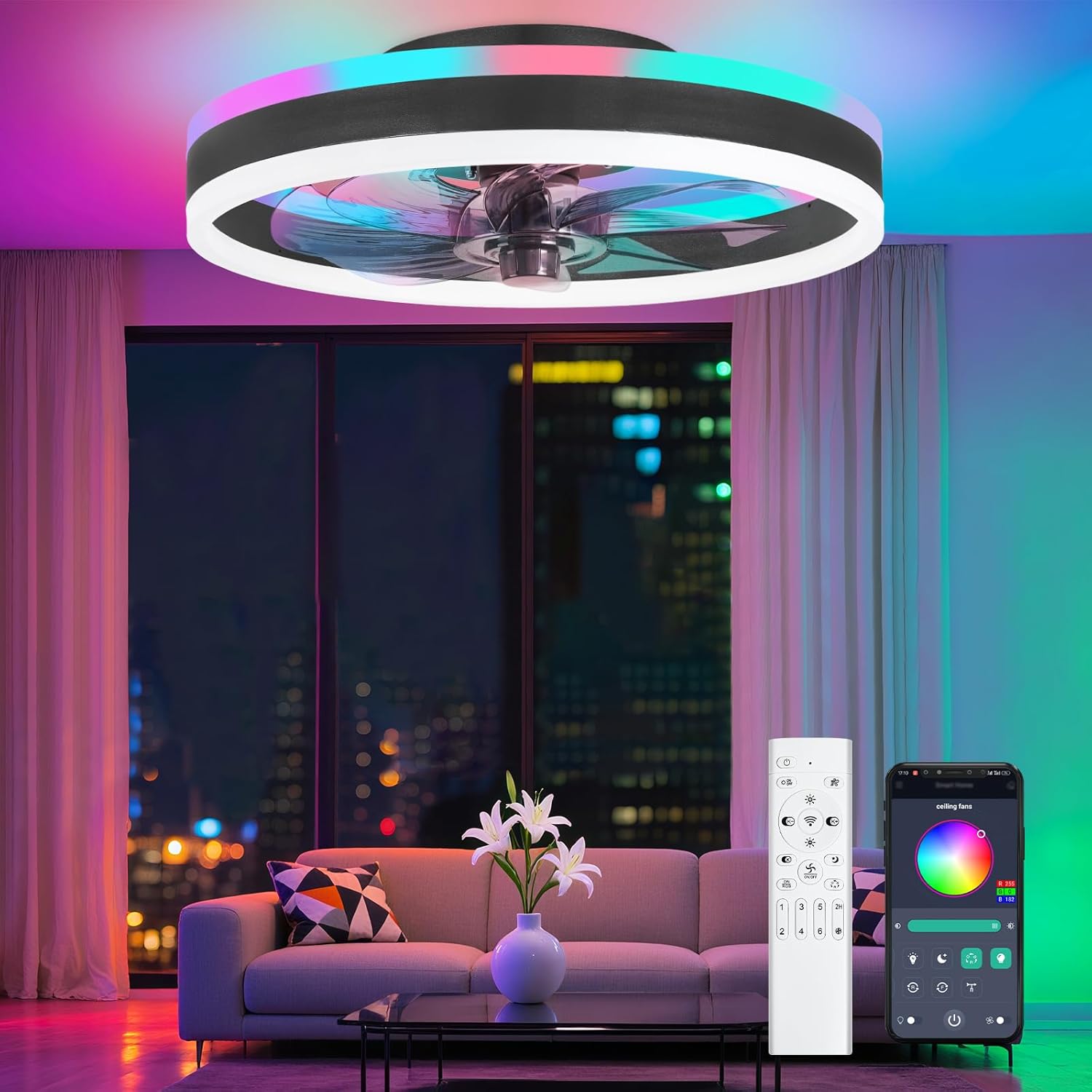 RGB Ceiling Fans with Lights, 16″ Fandelier Low Profile Ceiling Fan with Light, Modern Flush Mount Ceiling Fan Light with Remote/APP Control, Bedroom Chandelier Fan Fixture for Indoor(Black)