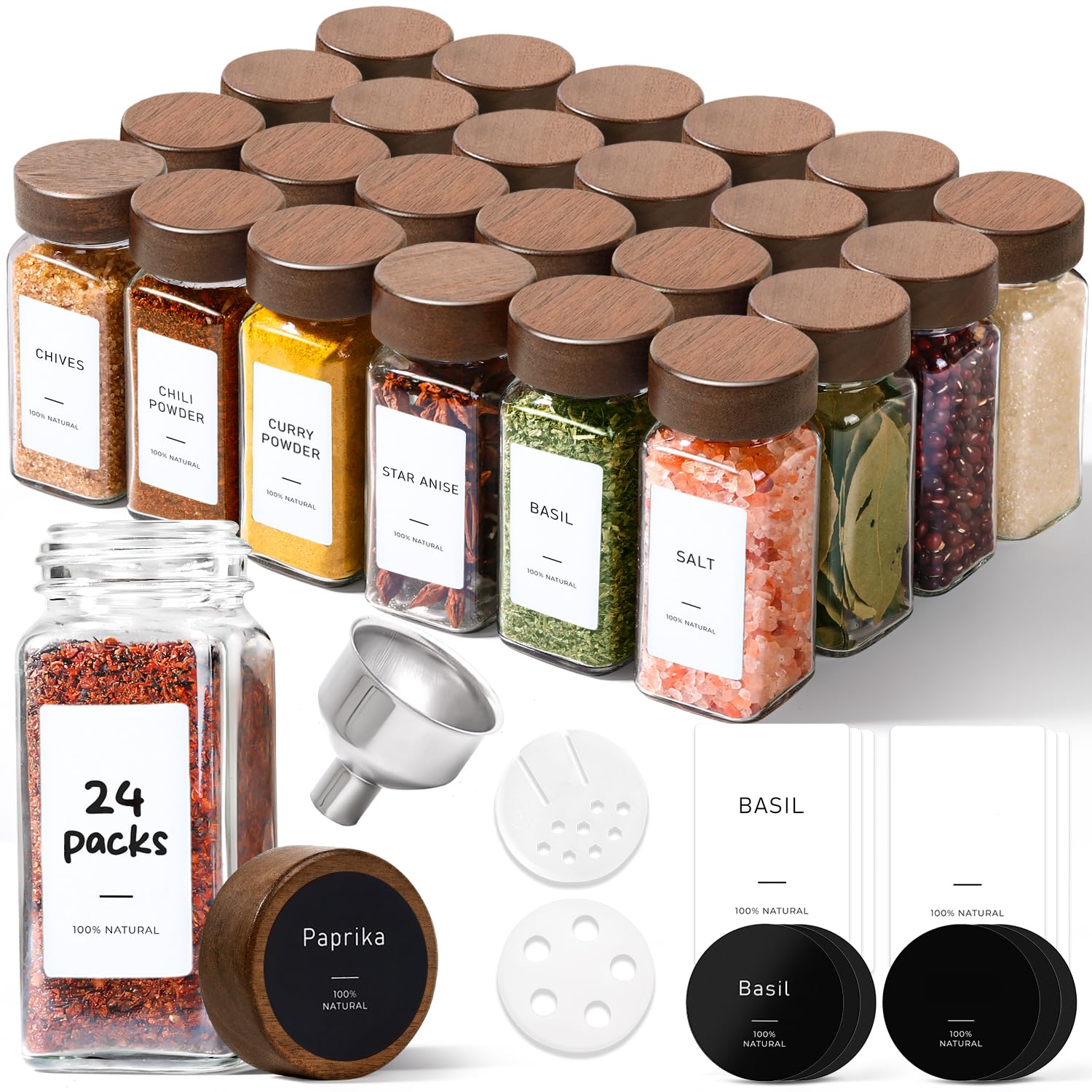 ComSaf 24 Pack Square Glass Spice Jars Set with Wooden Lids — 4oz/120ml Containers with Shaker Inserts, Funnel & Labels — Small Kitchen Organization for Herbs, Seasonings & Bulk Spices