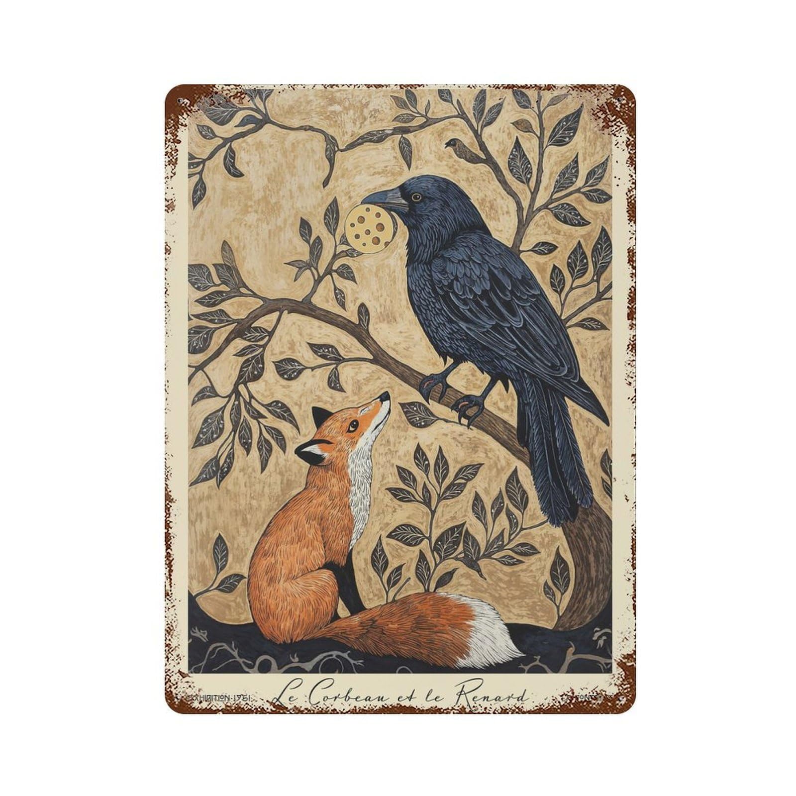 The Crow And The Fox Animal Fables Weathered Tin Sign 15.7"x11.8", Ideal for Basement, Hobby Room And Garage Decor