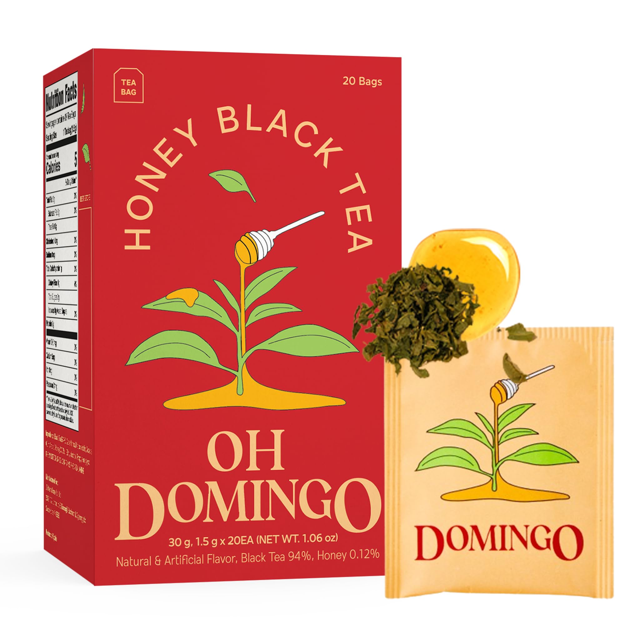 OH DOMINGO Honey Black Tea, Individually Wrapped Tea Bags, 20 Count, Low Caffeine, Sweetened with Honey, Rich and Aromatic Blend