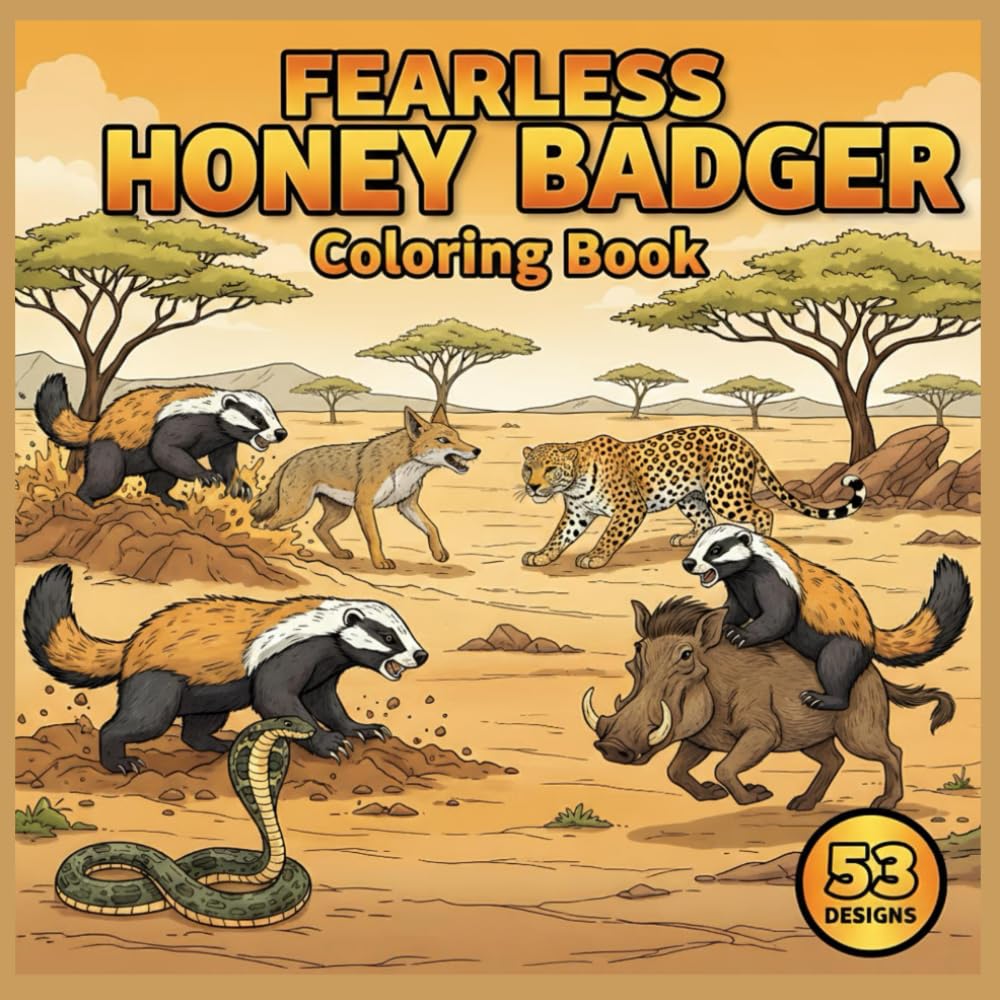 Fearless Honey Badger Coloring Book: Brave Encounters, 53 Single-Sided Untamed Creature Pages for Teens and Adults, Fun, Stress-Relieving Designs