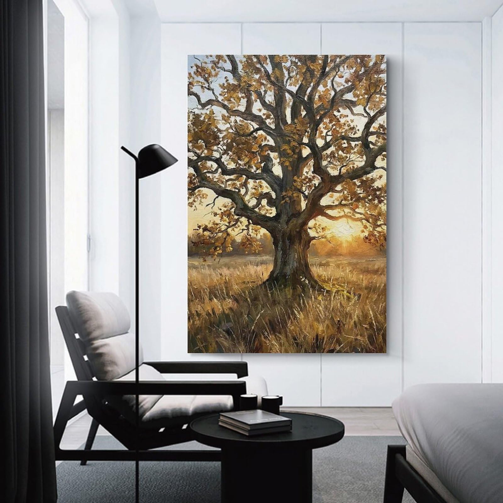 Junmoney Autumn Oak Tree at Sunset Hanging Wall Art 20x30inch(50x75cm), for Study, Office Or Focused Interiors, Wall Art That Adds Style to Work Areas