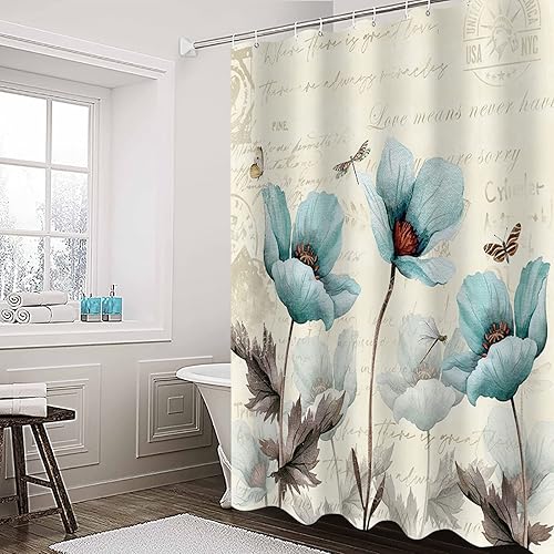 Miniatura 4 de Cortina de ducha impermeable, diseño retro, con 12 ganchos, diseño floral, mariposa, libélula, con 12 ganchos, cortinas de baño para casa rural,