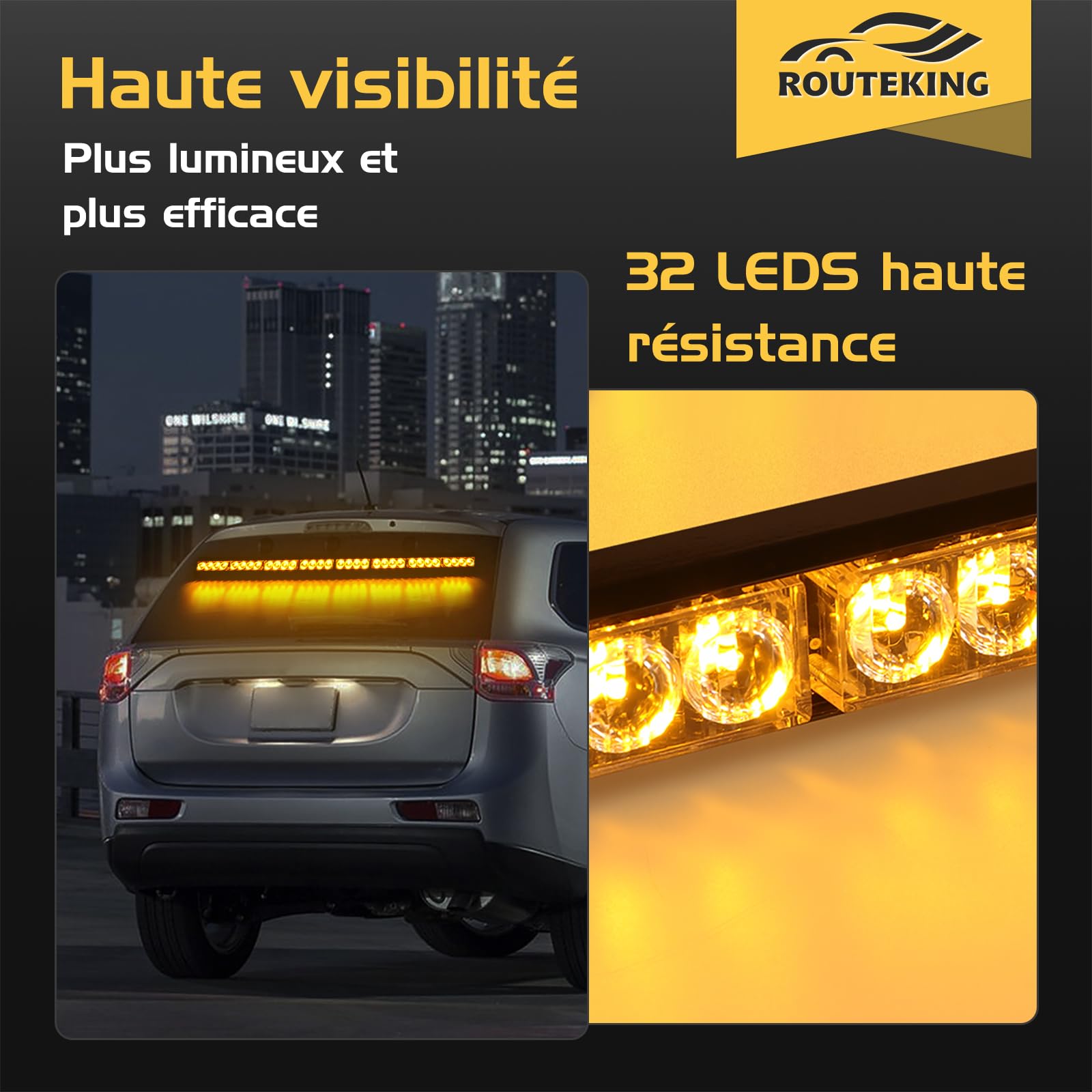 Barre Gyrophare LED Orange 90cm 32 LED 12V, 13 Modes | IP66, rampe avec supports ou ventouses, résistante pluie, neige et brouillard, idéale pour dépanneuses et véhicules d'urgence