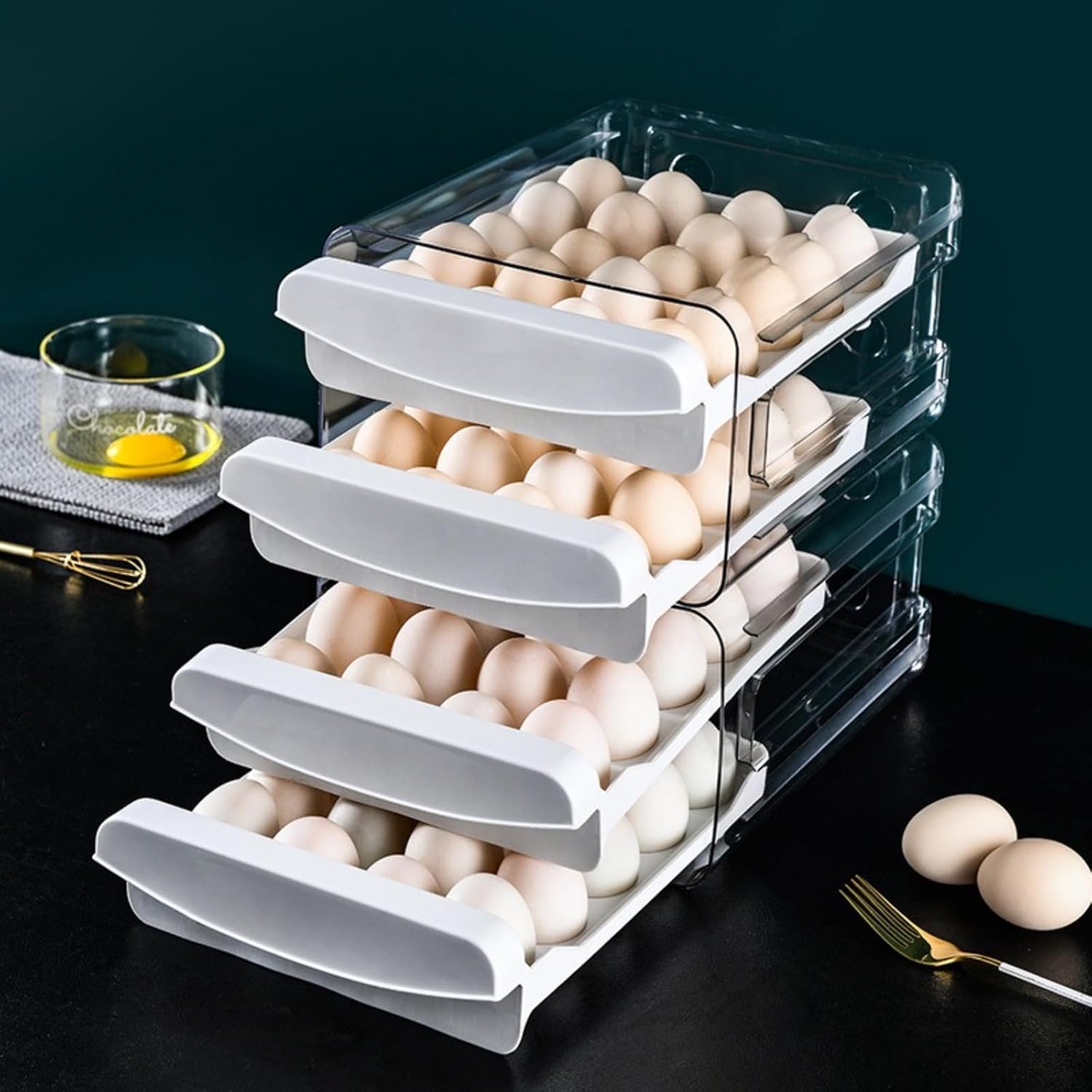 Egg box rack for 40 egg refrigerators, stackable with transparent two-layer distribution trays, refrigerator drawers, and storage containers with handles