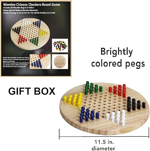 Miniatura 8 de Chinese Checkers Board - Classic Strategy Game & Fun for The Whole Family, Includes 60 Wooden Pegs in 6 Colors, Made with Natural Wood (11.5 Inch)