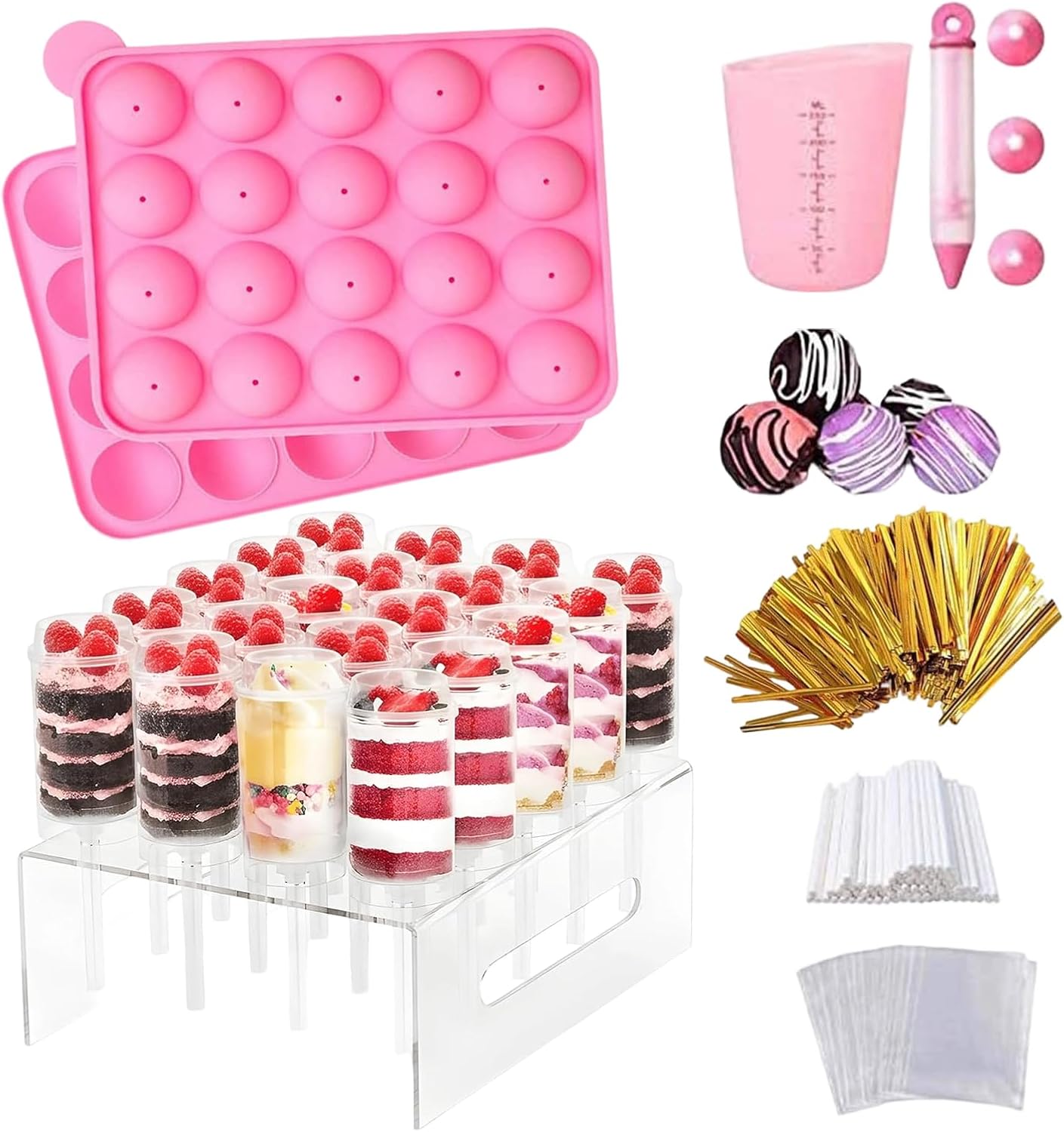 Cake Pop Mold, 16 Push Pop Containers With Lids, 320pcs Silicone Cakepop Molds Shapes Kit With Stand, 100 Sticks, Bags And Ties