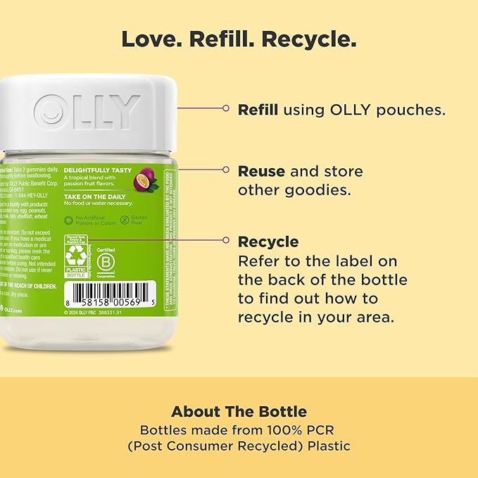 OLLY Daily Energy Gummy, Caffeine Free, Vitamin B12, CoQ10, Goji Berry, Adult Chewable Supplement, Tropical Flavor - 60 Count