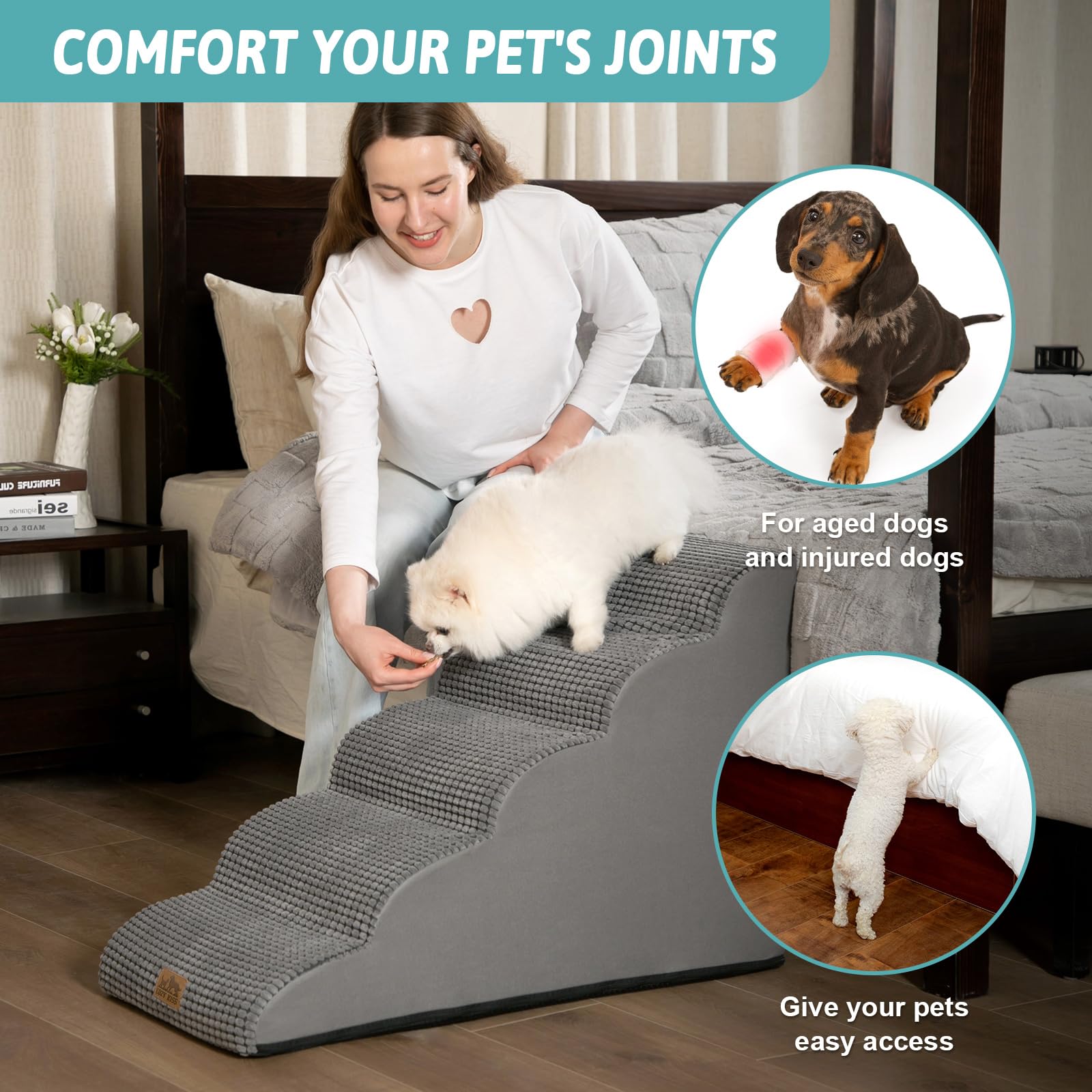 COZY KISS Escalera para Perros Pequeños, Escaleras para Mascotas de Espuma para Cama y sofá, Rampa para Gatos con Funda Lavable y Fondo Antideslizante, Ligera (Gris Claro, 40x84x57cm, 5)