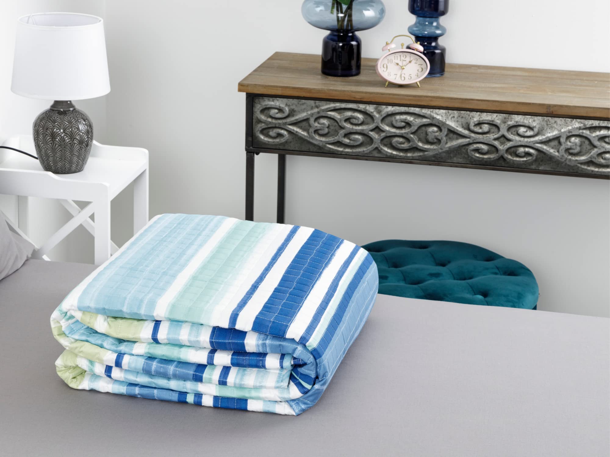 Baroni Home Trapuntino Copriletto Matrimoniale - Microfibra Ipoallergenica, 260x260 Cm, Righe Blu | Primavera/Estate - Foto 2