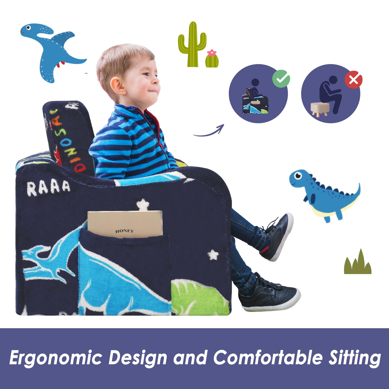 Canapé Enfants Convertible Sofa Bed 2 en 1, Pliant Fauteuil Enfant 2 Places pour Filles et Garçons, Briller dans Le Noir Canapé Lit pour Chambre Coin Lecture Salon,Dinosaurus