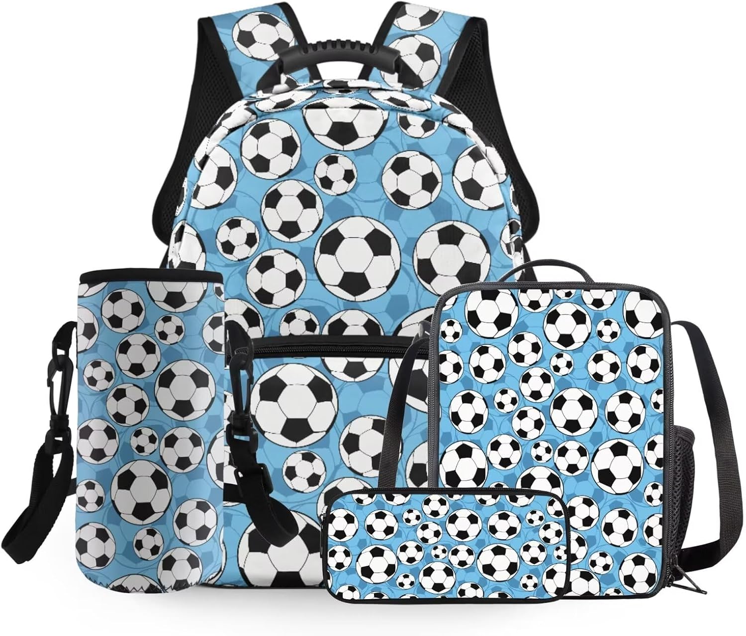 COEQINE Pre School Backpack Set For Boys 4-6 Sport Soccer Bookbag Set For Kids Toddler Preschool Schoolbag Set For Kindergarten Insulated Lunch Organizer Pencil Box Water Bottle Holder 4 Pcs
