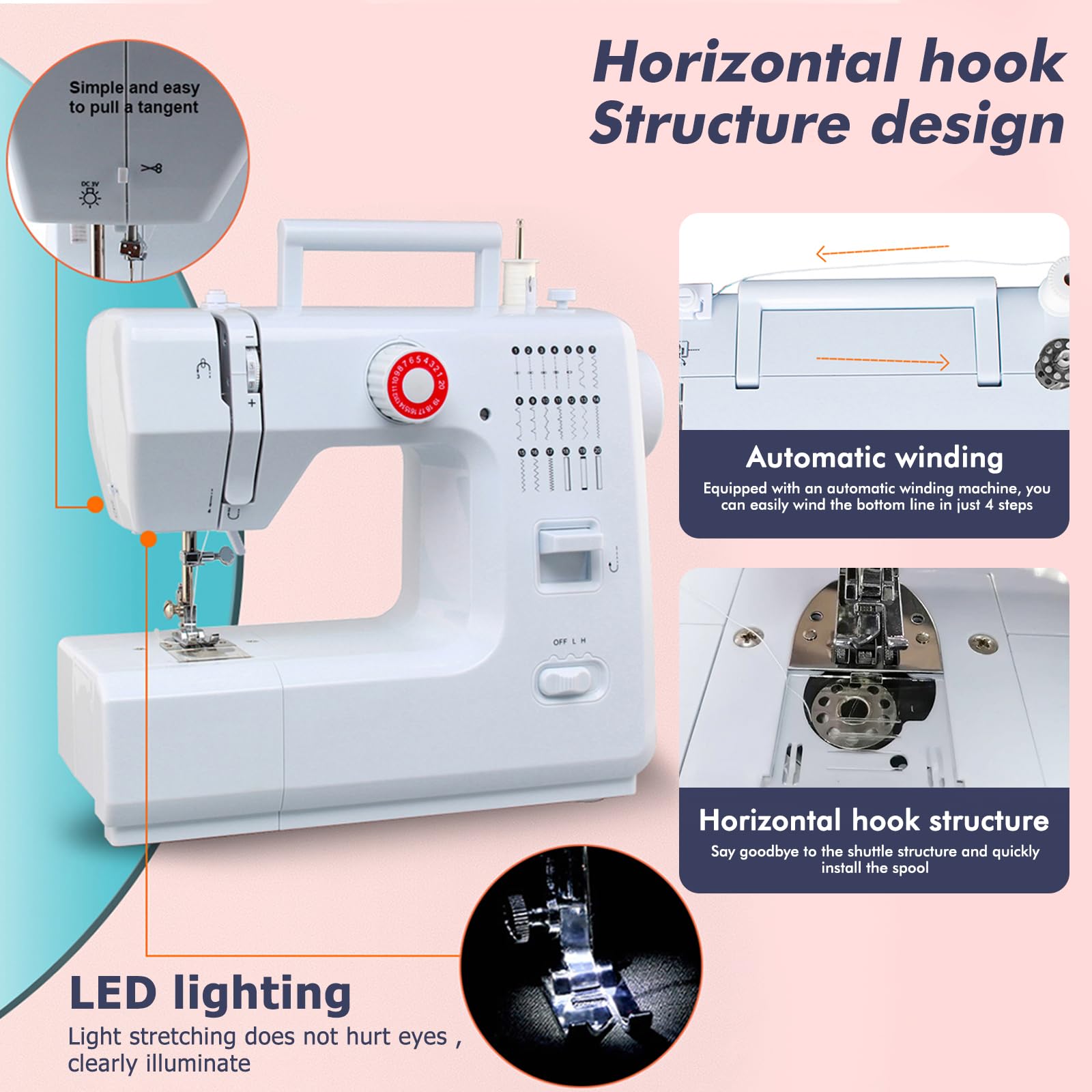 Tragbare 618 Nähmaschine für Anfänger, Elektrische Mini-Nähmaschine für Kinder mit 20 Stichmustern, Einfache Nähmaschinen Ideal für DIY, Heimhandwerk (42 Nähset+25 Patchwork-Teile+Garnrolle)