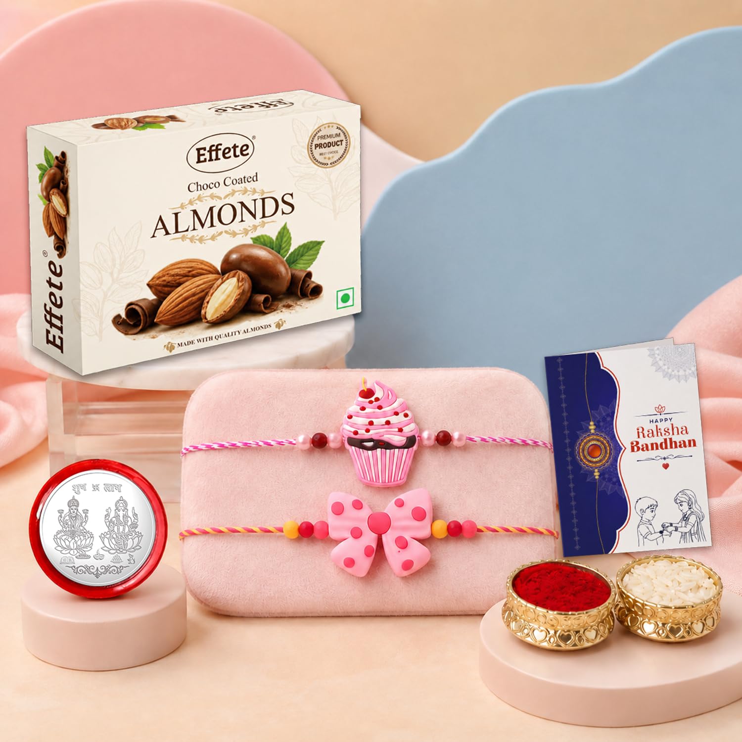 Oblivion Cupcake, Bow Multicolor Rakhi for Brother & Bhaiya with Chocolate Almonds 32gm - Raksha Bandhan Gift Set, Roli Tikka, Pooja Coin, Greeting Card | Auspicious Blessings, Pack of 6-image-41