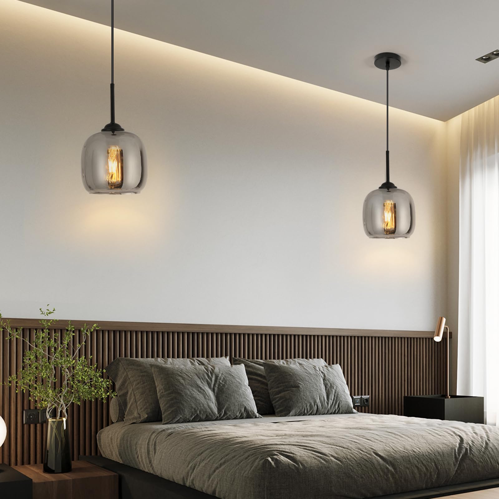 Lampada a sospensione Moderna, Lampadario in Vetro Grigio Fumé, Filo Sospeso Regolabile, Lampadario per Cucina, Tavolo da pranzo, Camere da letto (E27, Escluse le lampadine)