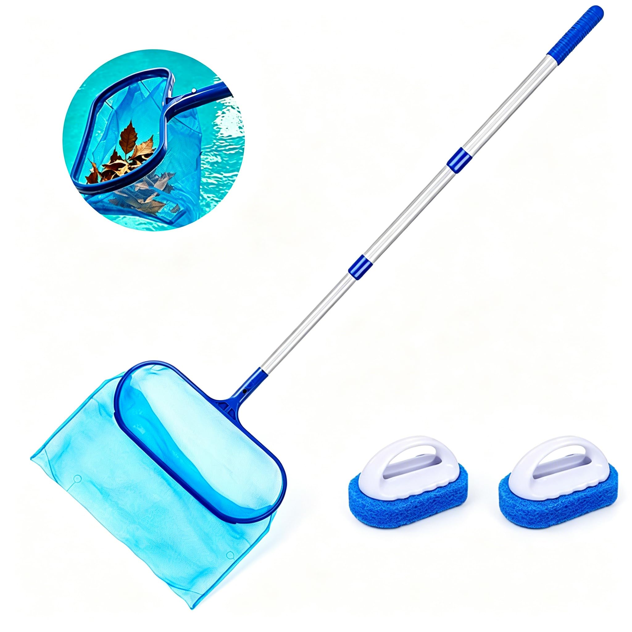Jonuin Pool Skimmer Net with Telescopic Pole, 105cm Swimming Pool Skimmer Set with 2 Sponge Brushes, Fine Mesh Leaf Skimmers for Garden Pond, Fountain, Swimming Pool, Hot Tub