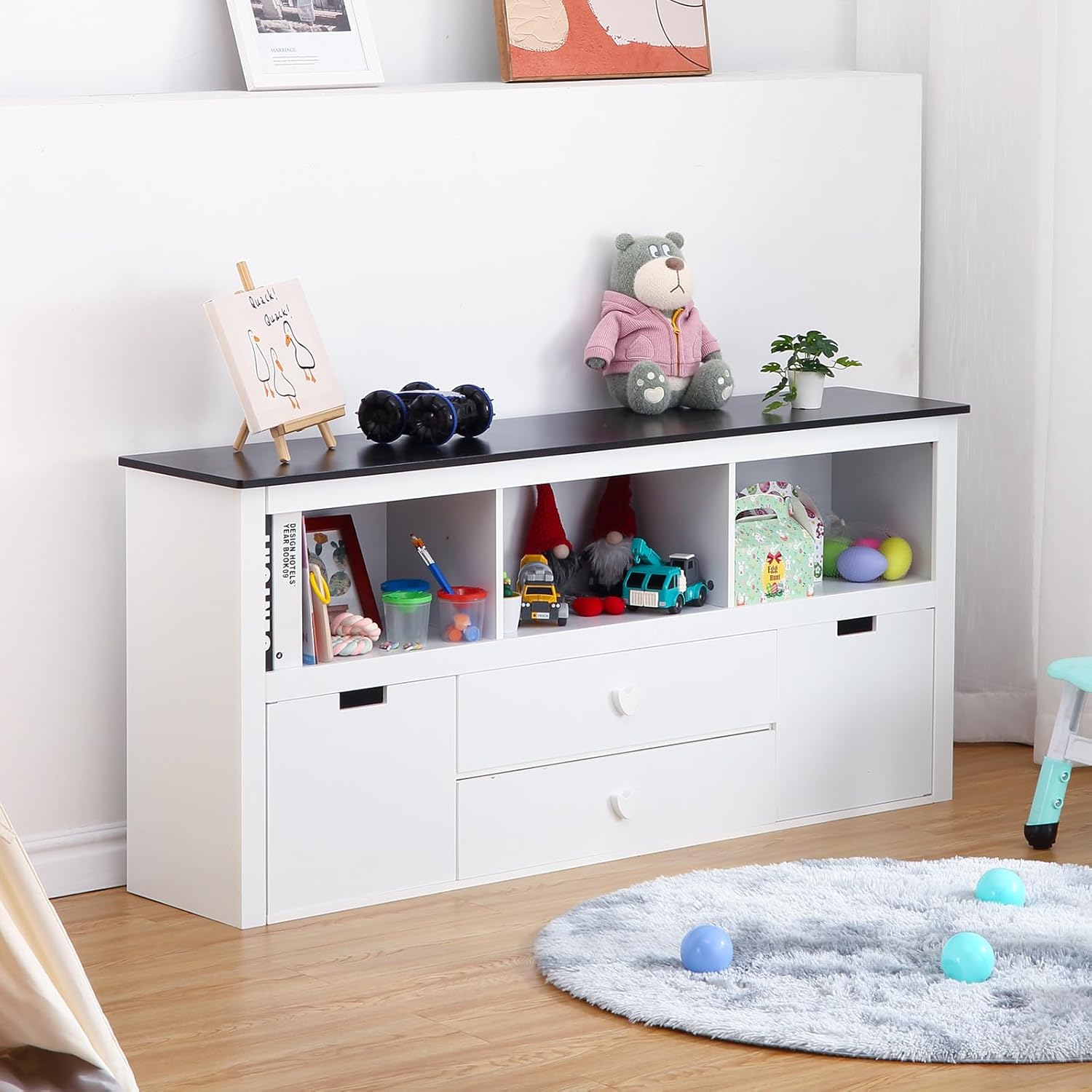 garveehome kids toy storage organizer - large storage cabinet, spacious blackboard desktop, sturdy and safe, movable drawers, for bedroom, playroom, nursery, kindergarten, white