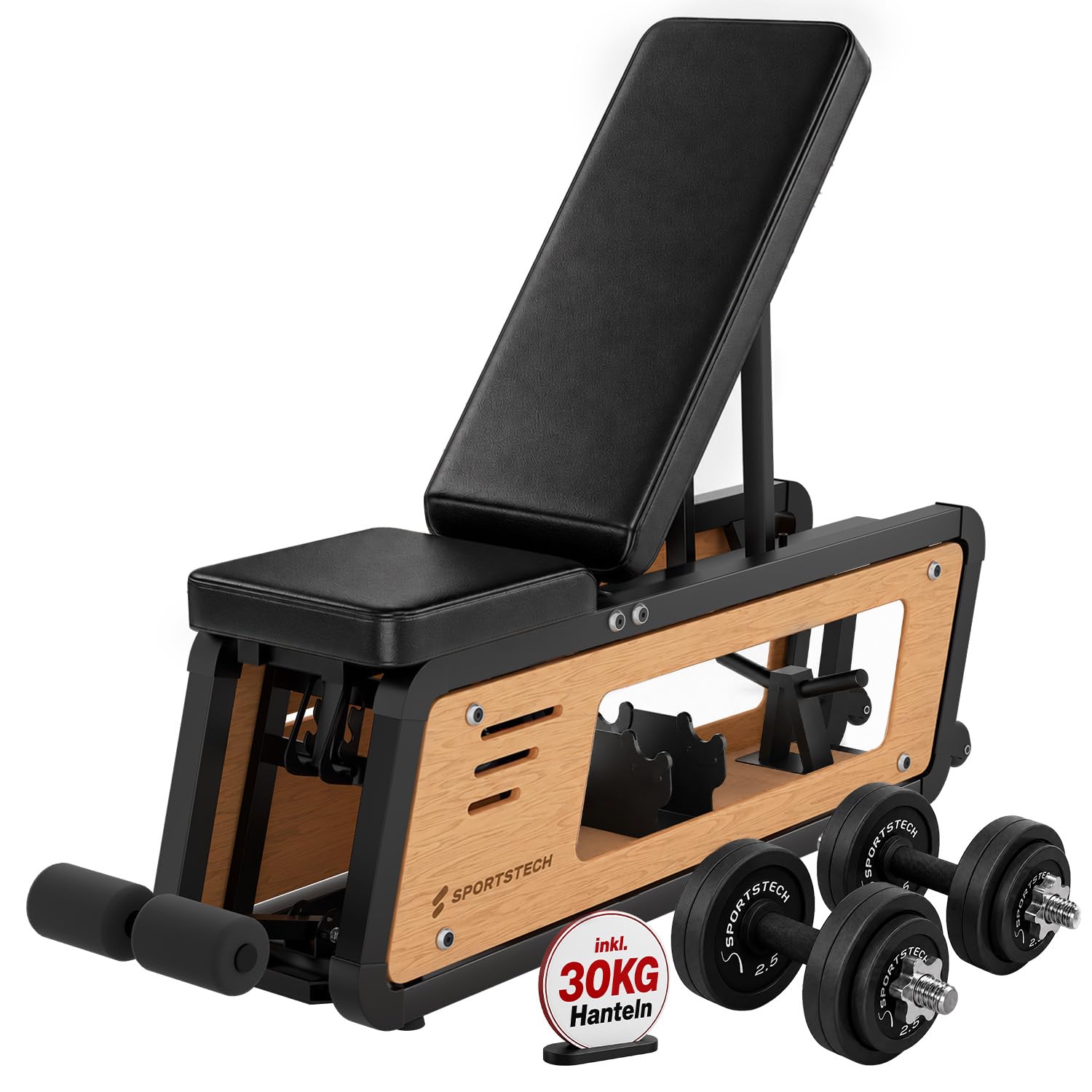 Sportstech Hantelbank Holz für Zuhause, 220 kg belastbar, mit Hantelablage
