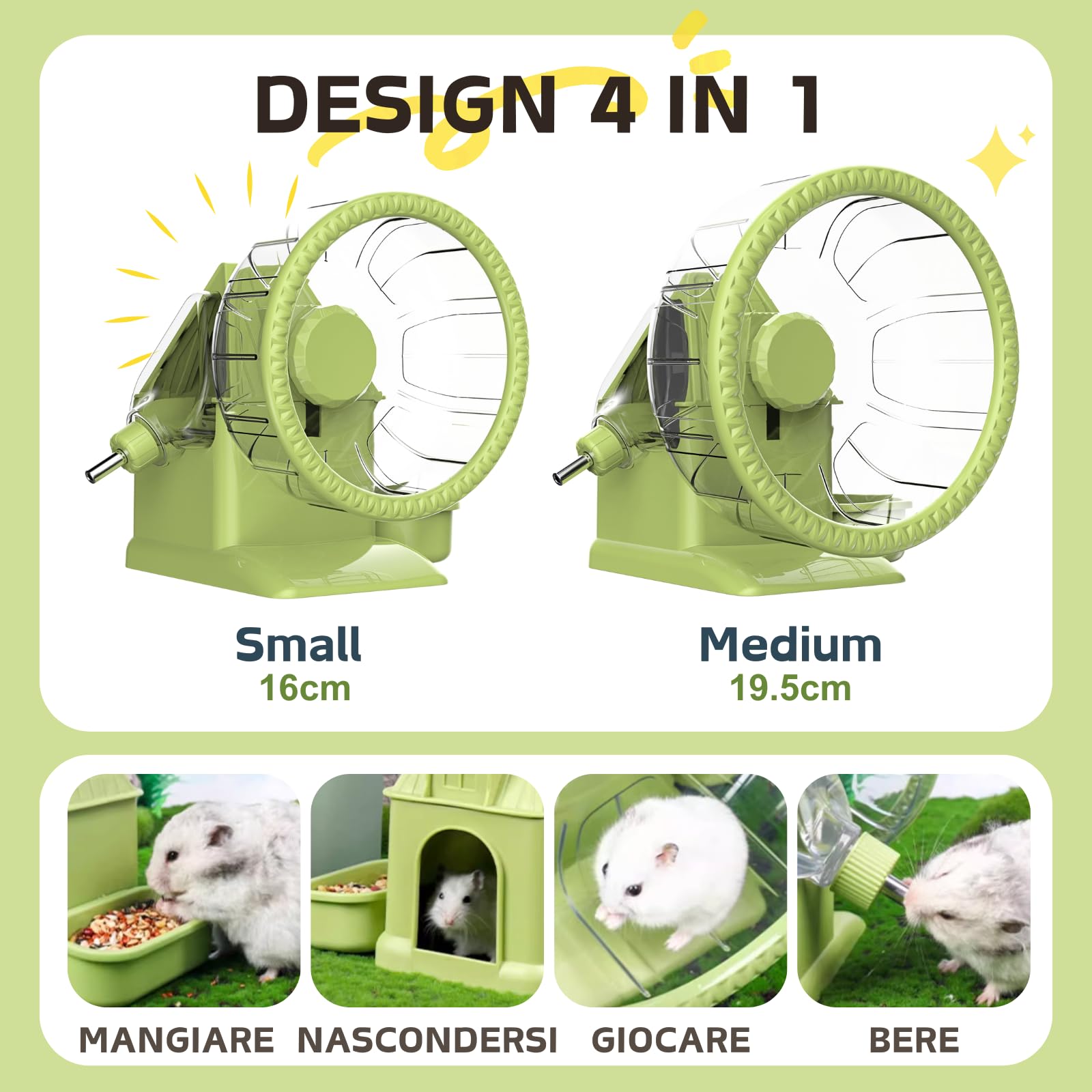 Ruota 4 in 1 per Criceto, Casa per Criceto con Ruota per Corsa, Ciotola per Cibo, Bottiglia d'Acqua e Nascondiglio, Giocattoli per Esercizio e Corsa per Piccoli Animali (Verde, 19.5cm)