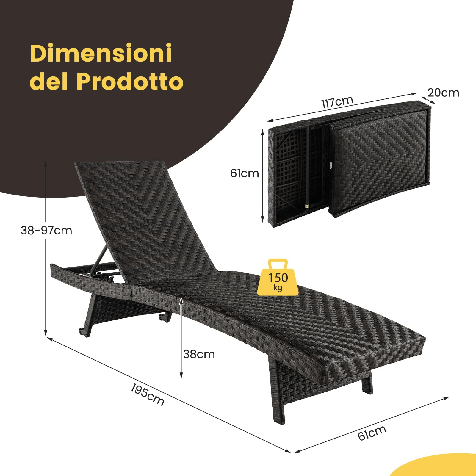 COSTWAY Lettino Prendisole in Rattan PE, Sdraio da Giardino Pieghevole con Schienale Regolabile, Schiuma ad Asciugatura Rapida e Due Ruote, Portata 150 kg, per Balcone Piscina