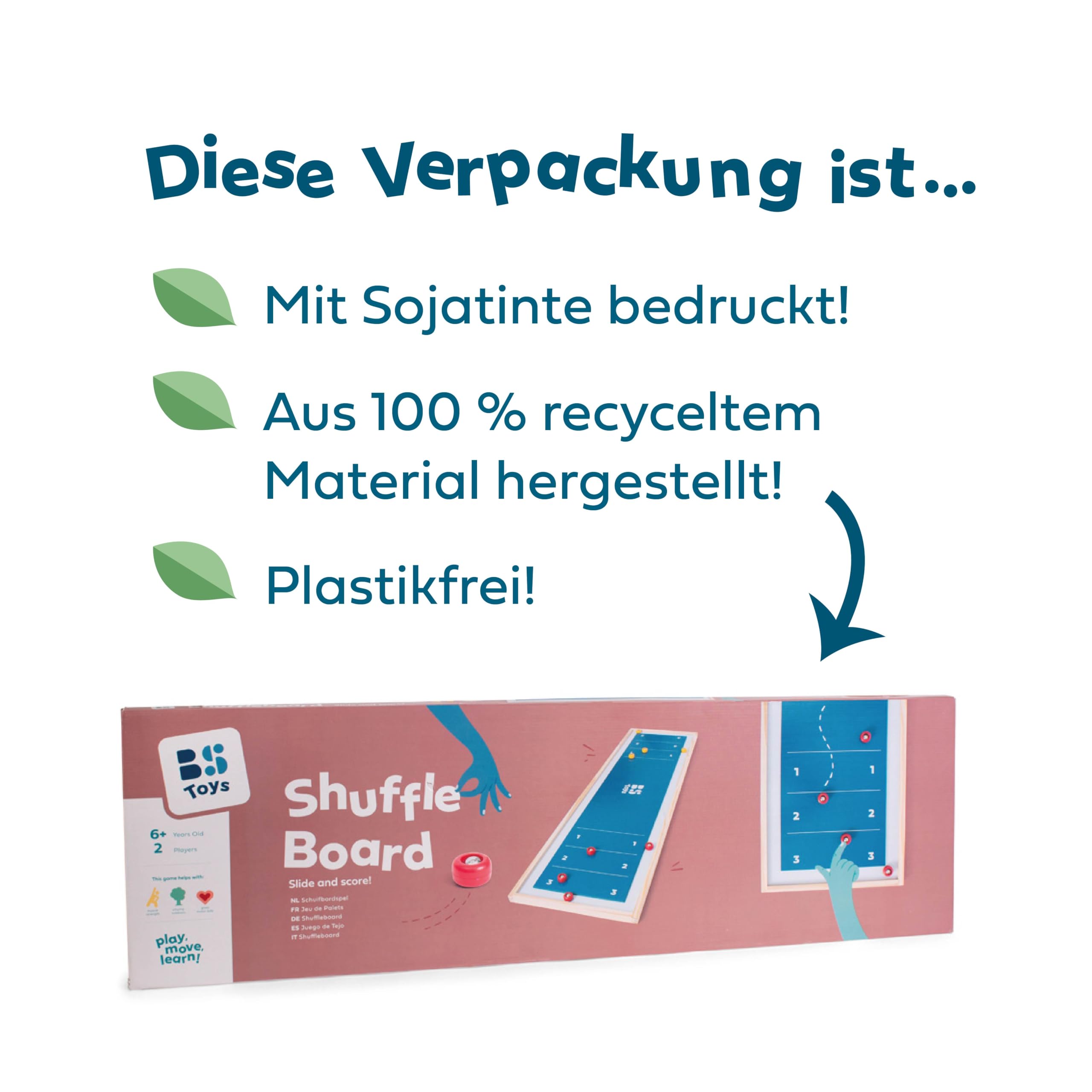 BS Toys Shuffleboard - Schiebebrettspiel aus FSC-Holz - Lustiges Indoor Curling Set für Kinder & Familie - Tisch-Curling Spiel - Geschicklichkeitsspiel ab 6 Jahren