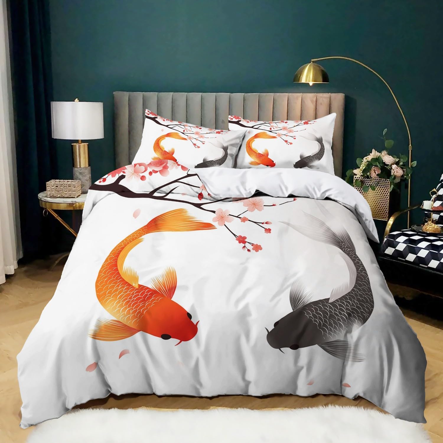 Poszwa na kołdrę 180 Ryby i Śliwy Kwiat Miękka mikrofibra Pościel 3 szt. Poszewki na kołdry 3D Obraz tuszem Chiny Edredon 240x260 cm i 2 poszewki na poduszki 50x75 cm d.2800