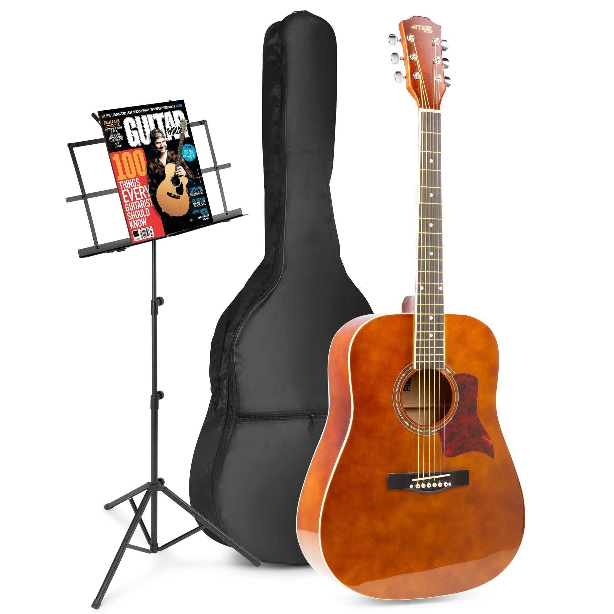 MAX SoloJam Westerngitarre, Akustik Gitarre Set, Acoustic Guitar 4/4 mit Tasche, Notenständer, Plektrum, Stimmgerät, Schultergurt, Stahlsaiten, Holzbraun