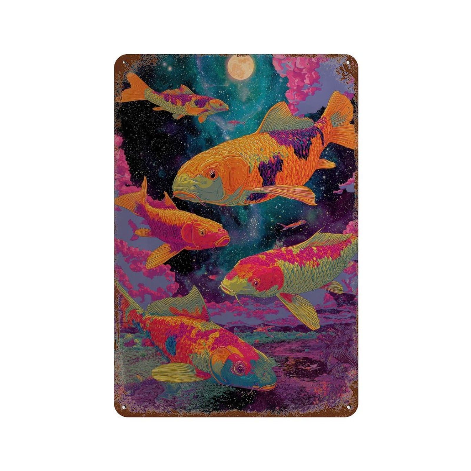 xiaoxiaoshen Koi Fish. Psychedelic Surreal Wall Decor Art Metal Tin Poster Modern Home Decor Art Home Bar Shop Decorations Vintage Sign 30x20cm