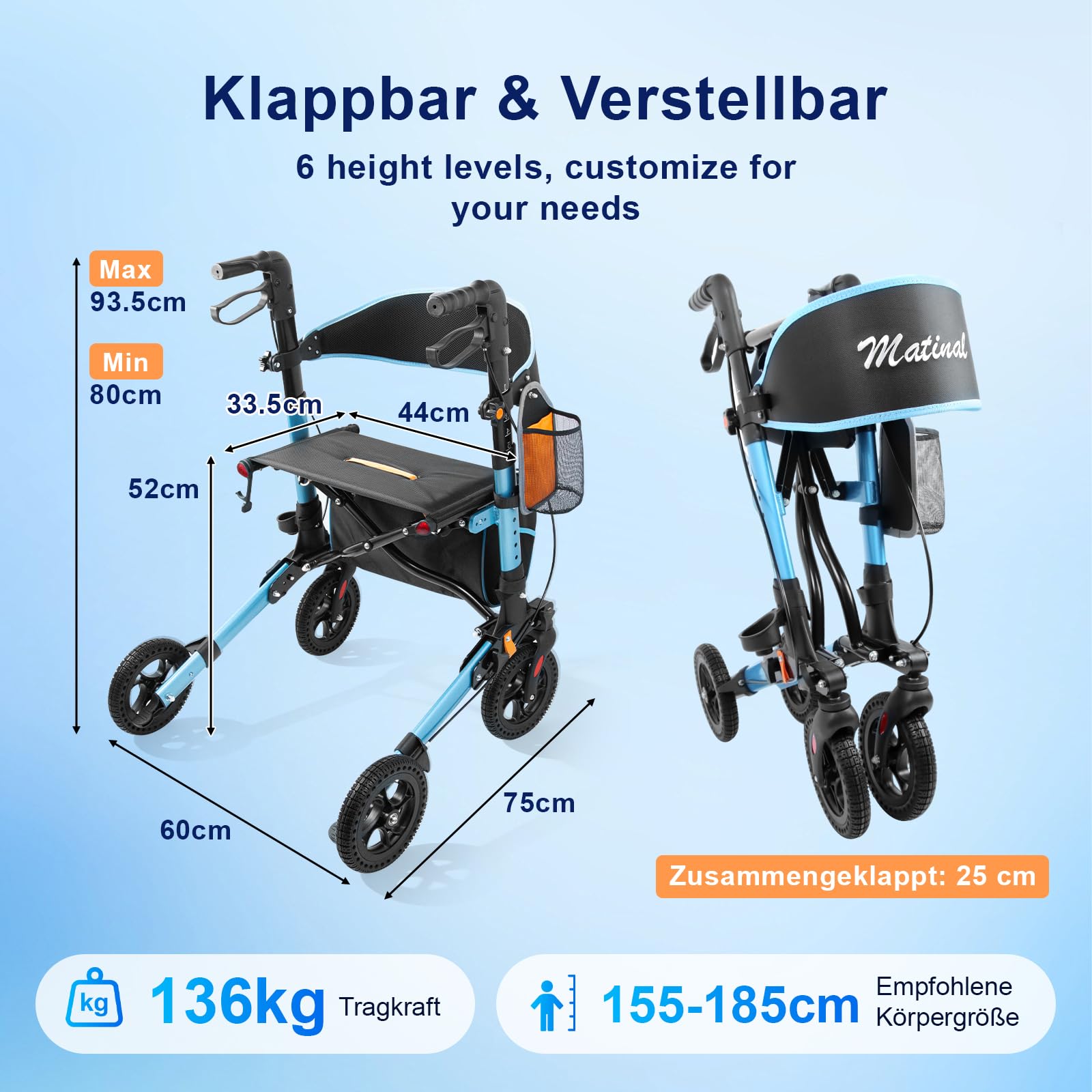Rollator Faltbar mit Sitz für Senioren, Leichter Rollatoren, Blau | Faltbarer All-Terrain-Rollator mit Sitz für Indoor-& Outdoor, Leichtgewicht Aluminium mit 20 cm Gummirädern