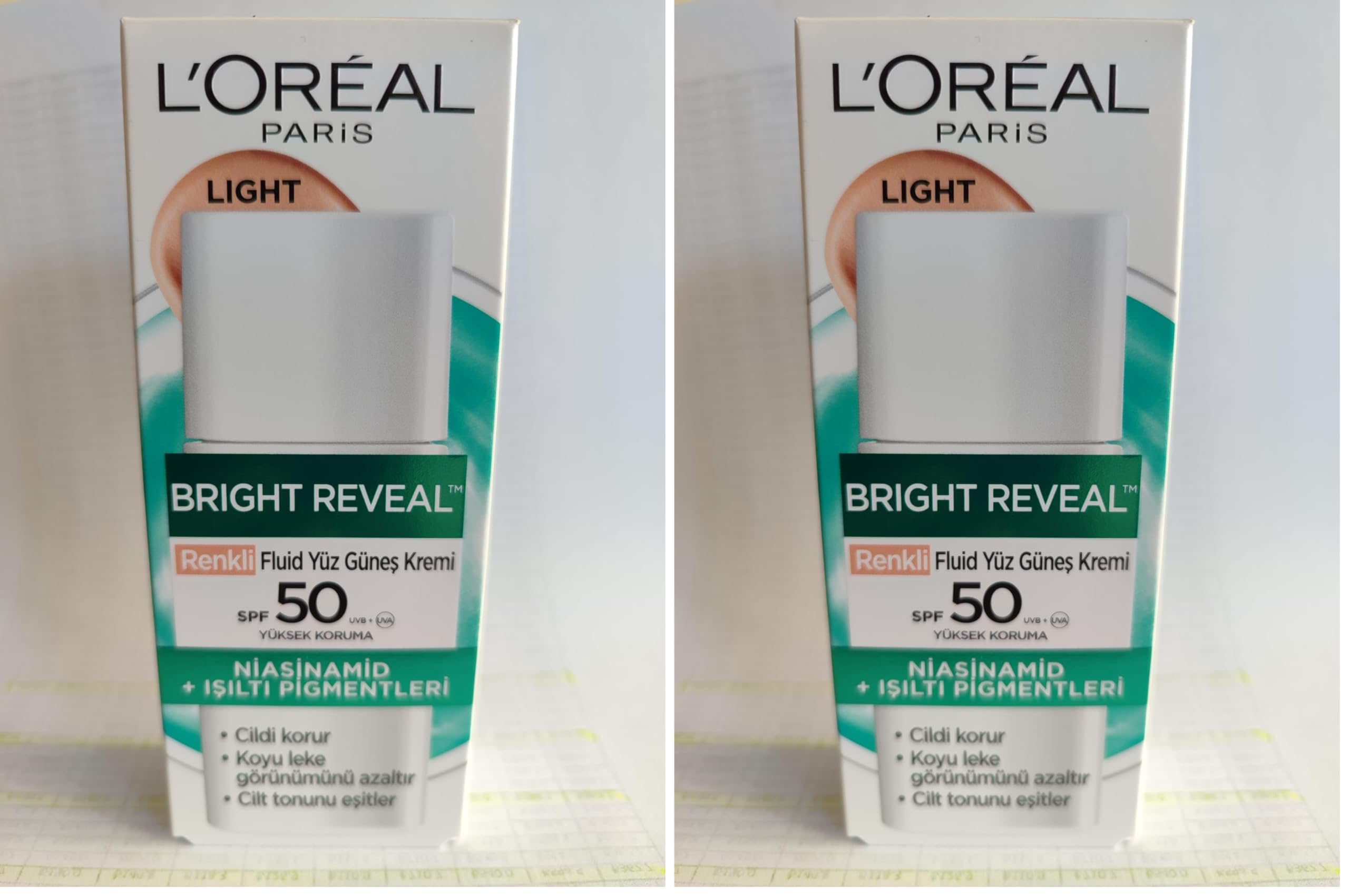 L'Oréal Paris Bright Reveal Spf 50+ Koyu Leke Karşıtı Renkli Fluid Günlük Yüz Güneş Kremi 50 ml - Light (2 paketi)