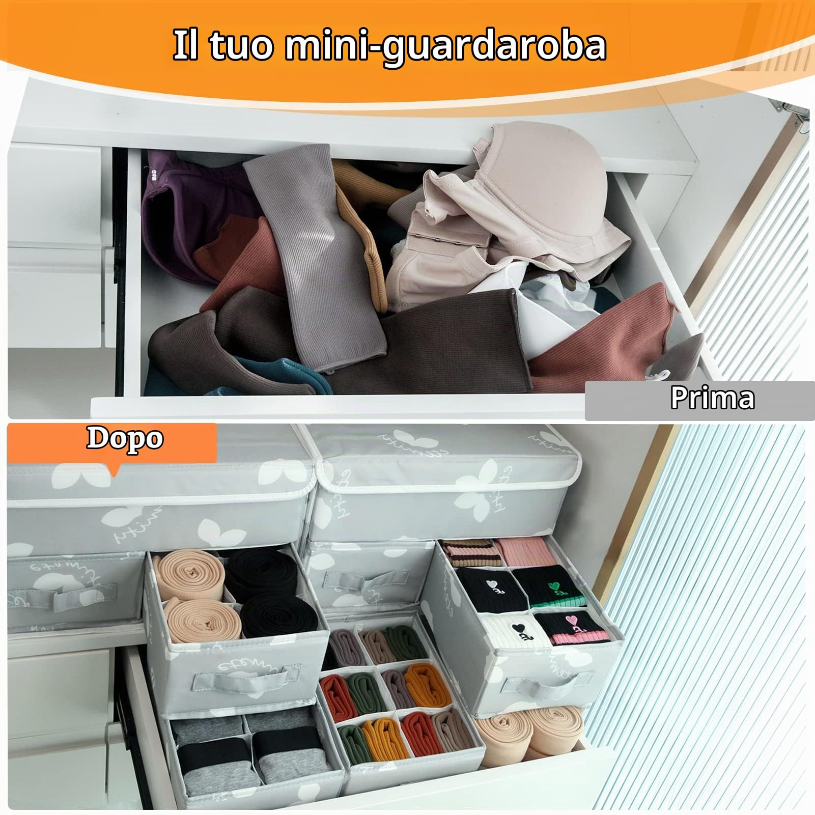 2 Pezzi Organizer per Biancheria Intima e calze, Armadio Divisori Pieghevole per Cassetti, Organizer per vestiti con coperchio per reggiseno, mutandine, magliette, maglioni