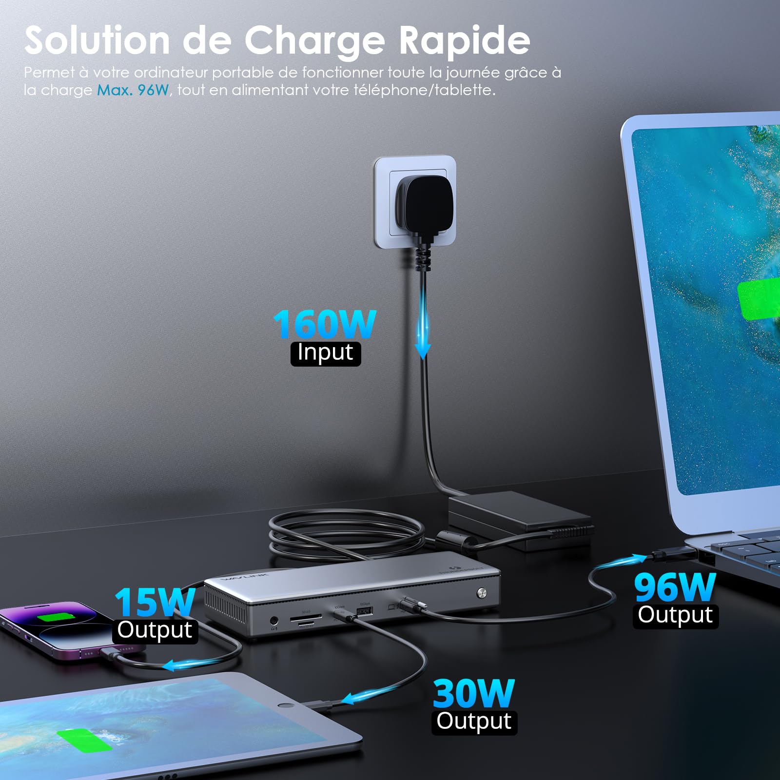 Station d'accueil WAVLINK Thunderbolt 4, Station d'accueil pour Ordinateur Portable 13 en 1 pour Mac TBT 4/3 & PC Windows TBT 4, 40 Gbps avec Chargement Max 96W pour Ordinateur Portable