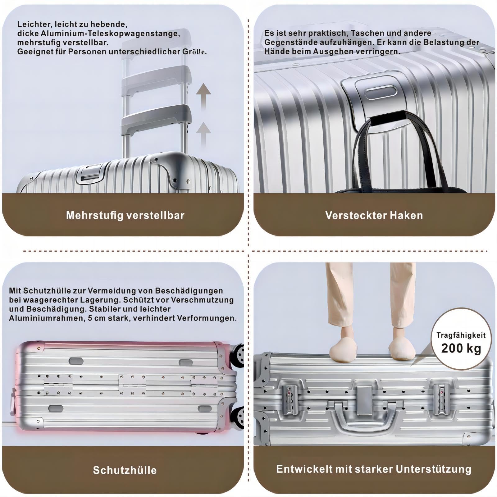 Aoliwei Valigia da viaggio in alluminio, con manico telescopico, TSA, 4 ruote, argento, m, Trolley rigido in alluminio con ruote orientabili