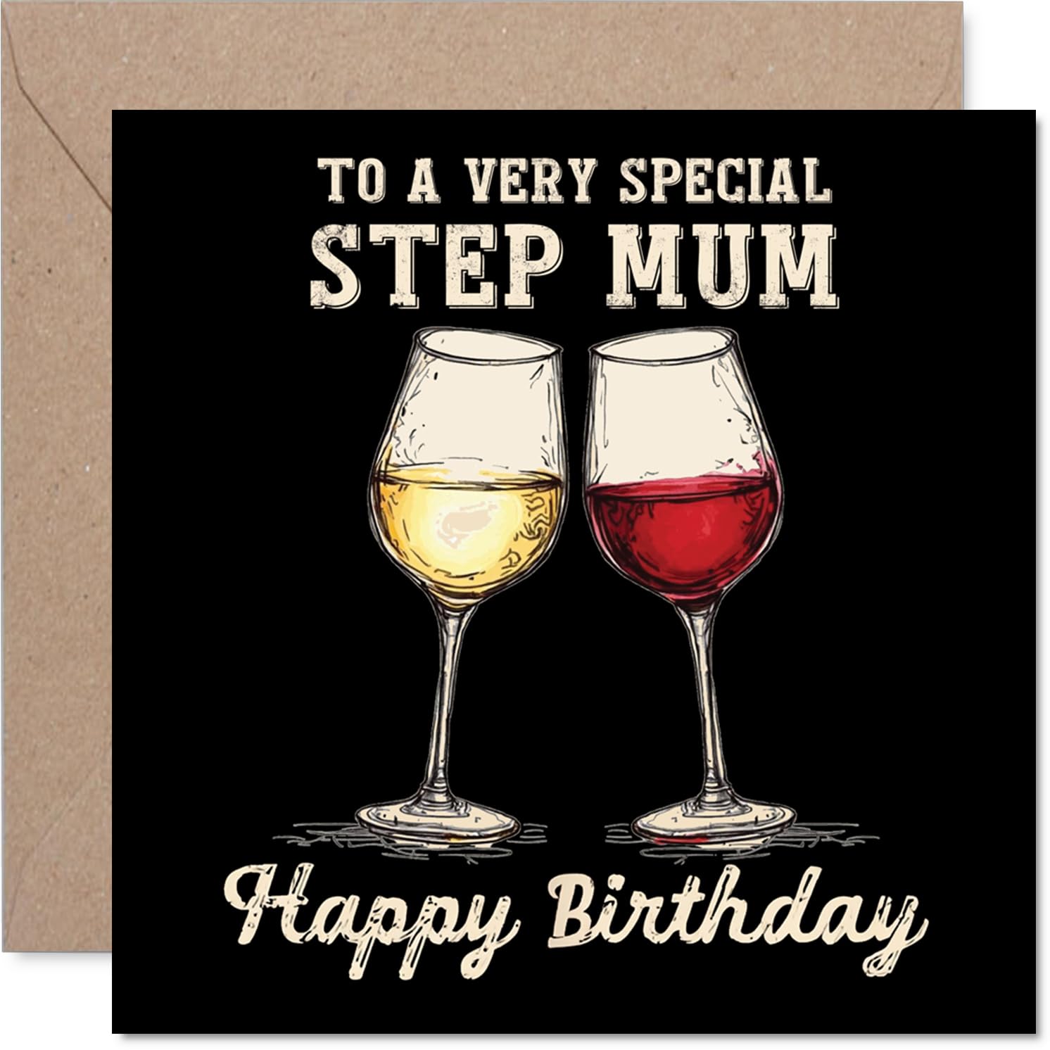 Step Mum Birthday Card - Bday Wine - Happy Birthday Card for Step Mum from Son Daughter, 145mm Wine Greeting Cards