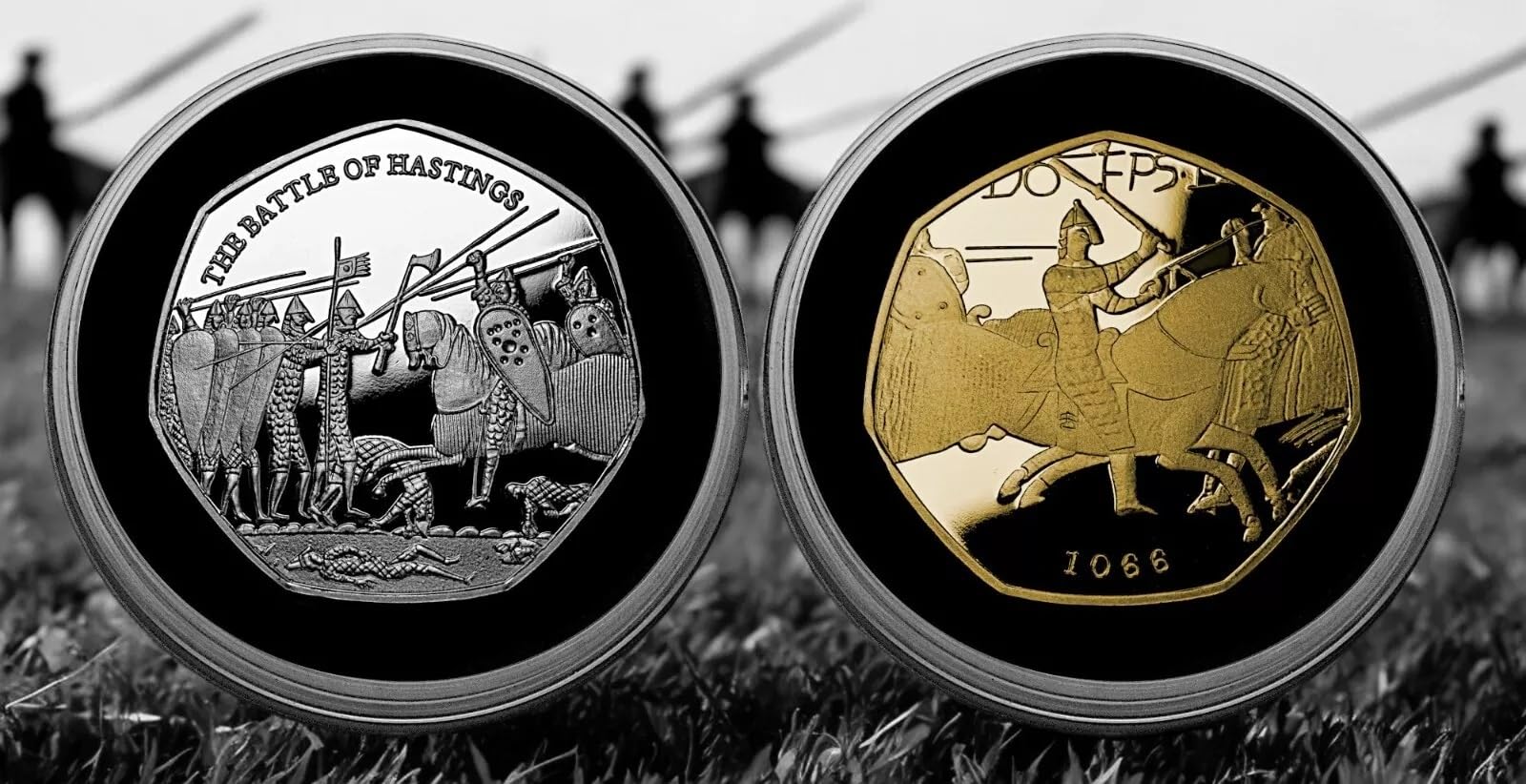 The Commemorative Coin Company Gold & Silver Pair Of The Battle Of Hastings 24Ct Commemoratives In Capsules. Norman Conquest 1066, Bayeux Tapestry, Saxon