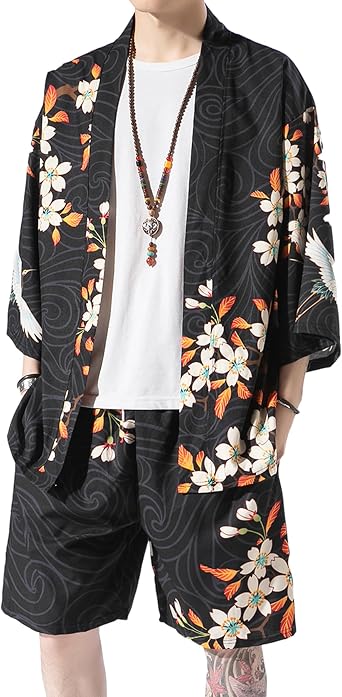 PRIJOUHE Mens Summer Beach Outfits Lightweight Japanese Kimono Robe Set Casual Stylish Vacation 2 Piece Shorts Sets