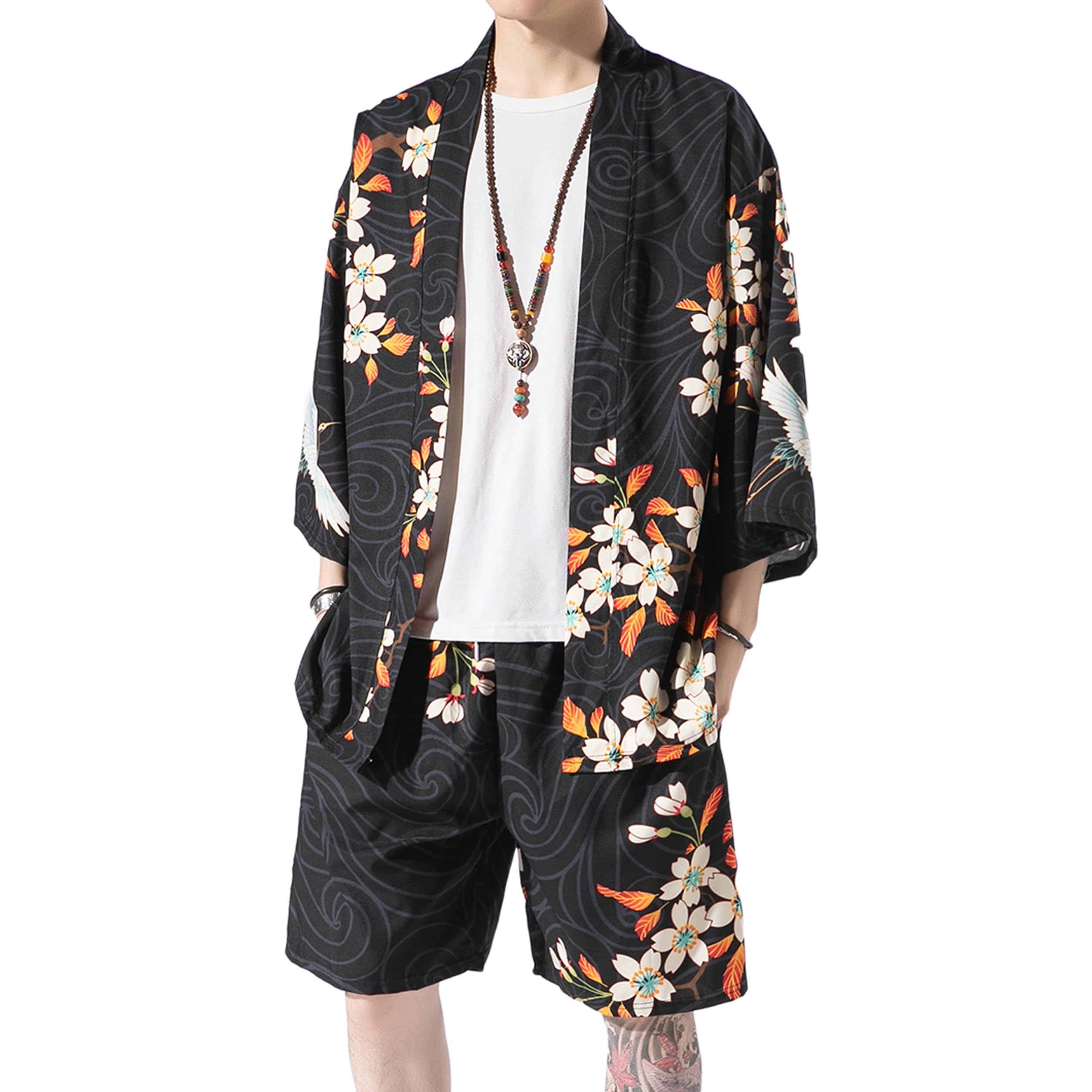 prijouhe Men's Japanese Style Kimono Tops Pants Sets Lightweight Casual Seven Sleeves Open Front Cardigan & Shorts-picture-19