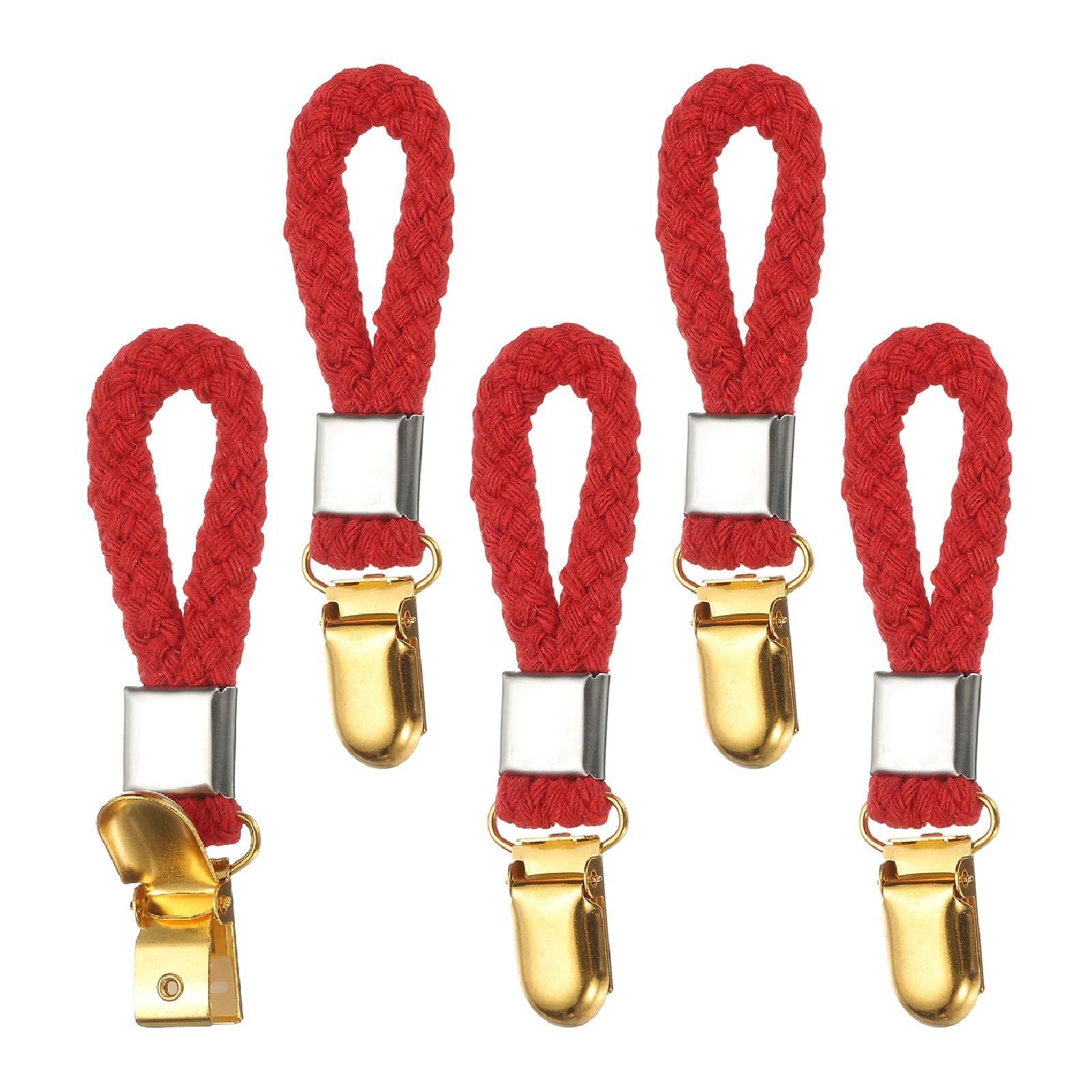 PATIKIL 5 Pcs Hanging Tea Towel Clips, 0.9" Width Braided Cotton Loop Towel Clip with Gold Metal Clamp for Kitchen Bathroom RVs Camping Hanging Organize Tool, Red