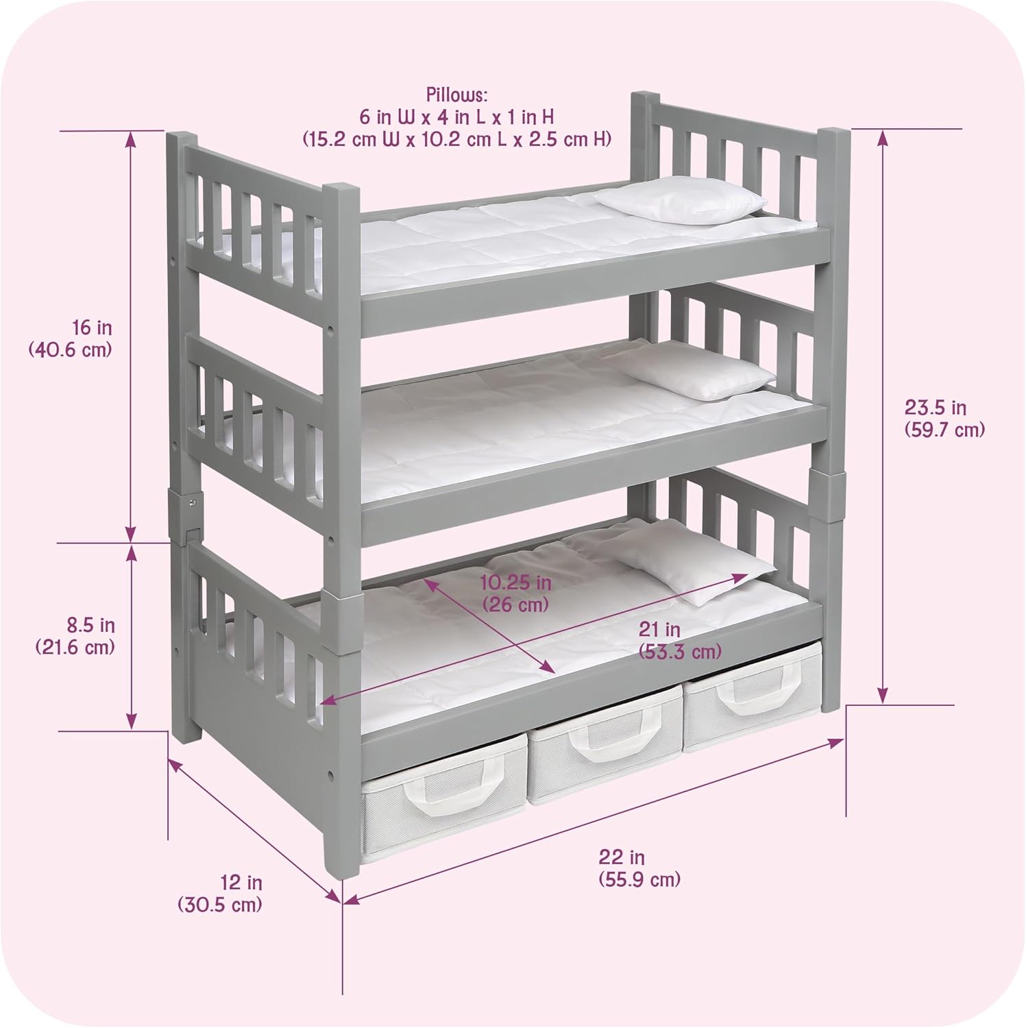 Badger Basket Convertible 3 in 1 Doll Bunk Bed - Stackable Triple Bed with with Bedding, Storage & Personalization Kit - Doll Furniture for Girls - Fits 14 to 20 Inch Dolls - Executive Gray