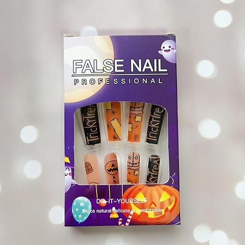Miniatura 6 de Uñas postizas a presión de Halloween, largas y cuadradas, uñas postizas acrílicas de Halloween con diseños, uñas adhesivas de Halloween de cobertura