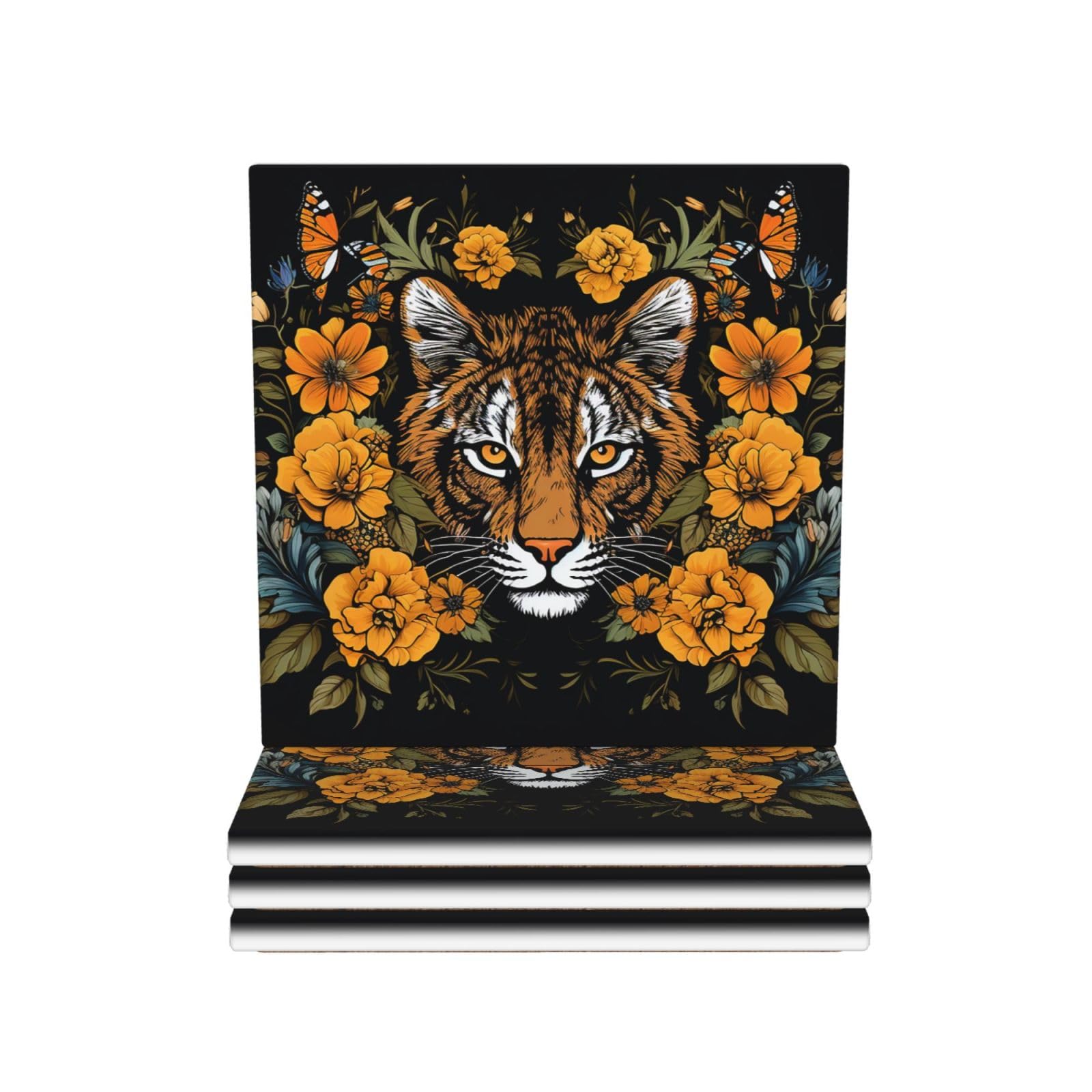 Drink Coasters Set of 4 Coffee Ceramic Coaster Tiger and sunflower Coasters for Drinks Coffee Cup Mat Heat Resistant Tabletop Protection Coaster Desk Accessorie Home Decorative